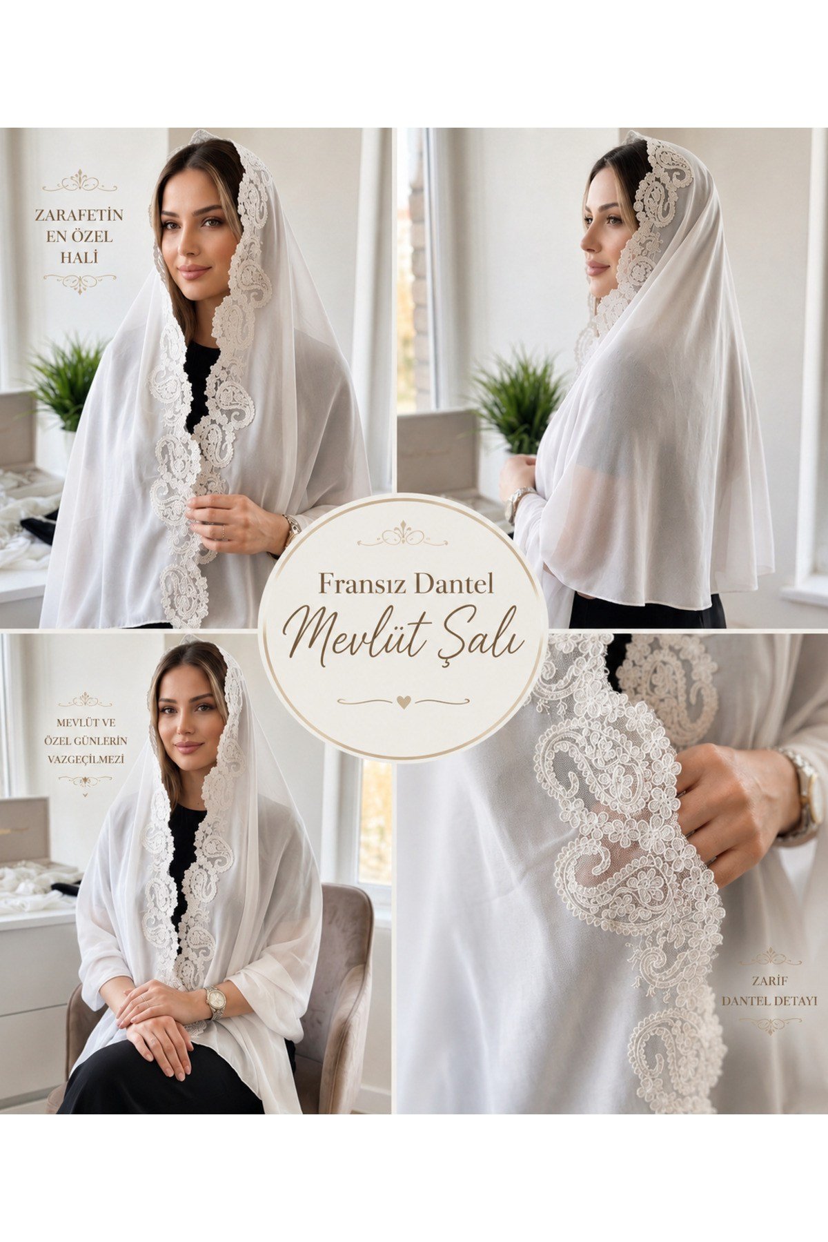 Badem motifli Fransız Dantelli Şifon Şal- Mevlüt-Nikah-Çeyiz