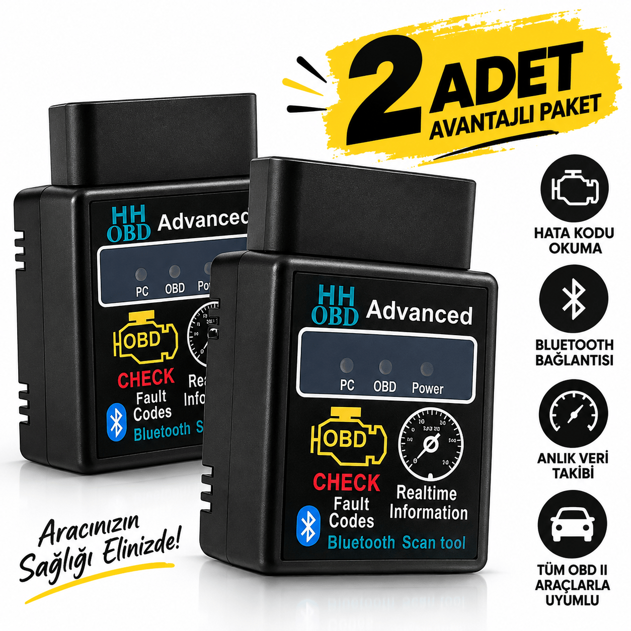 2'li Bluetooth OBD2 Arıza Tespit Cihazı – Araç Arıza Kodları Okuyucu, OBD2 Tarayıcı, Gerçek Zamanlı Veri Takibi