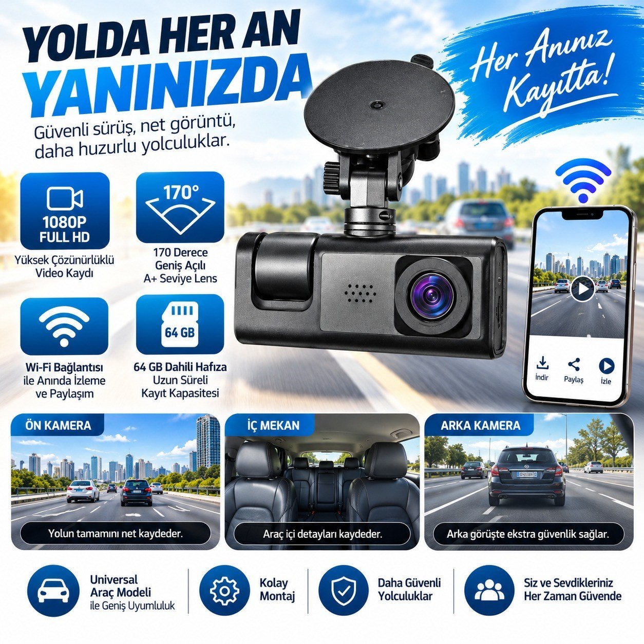 3 Kameralı Araç İçi Kamera WiFi 1080P Full HD Gece Görüşlü G-Sensör Dashcam