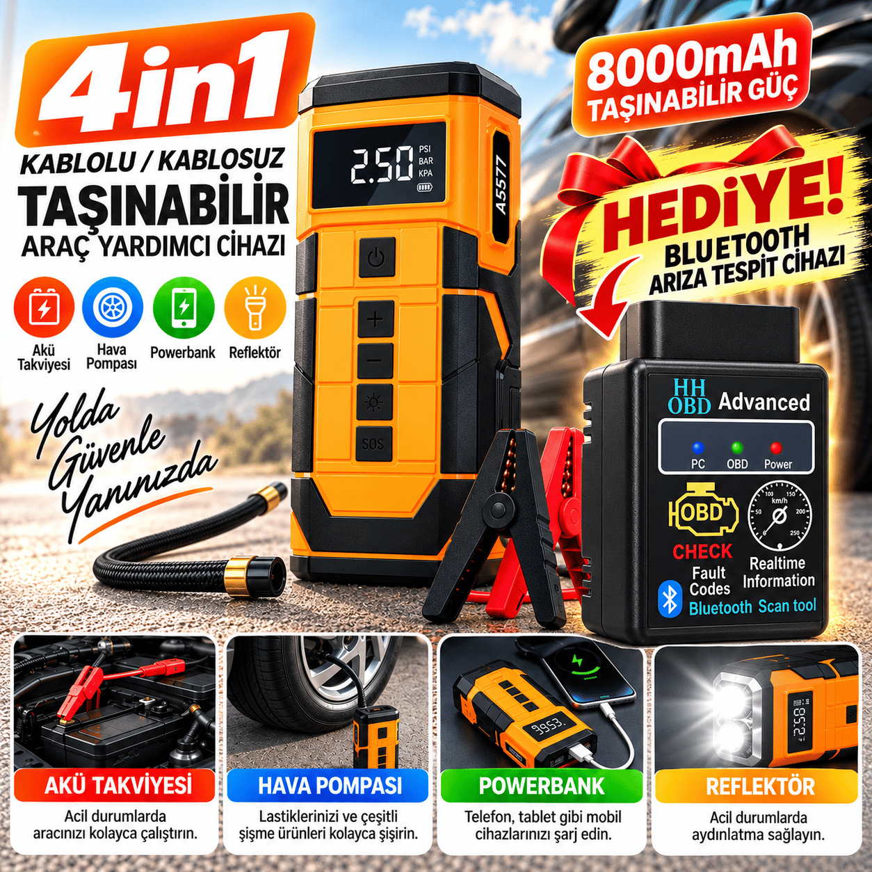 4'ü 1 Arada 8000mAh Şarjlı Akü Takviye Cihazı A5577 – 150 PSI Hava Kompresörü, Powerbank ve LED Fener, Bluetooth OBD2 Arıza Tespit Cihazı Hediyeli