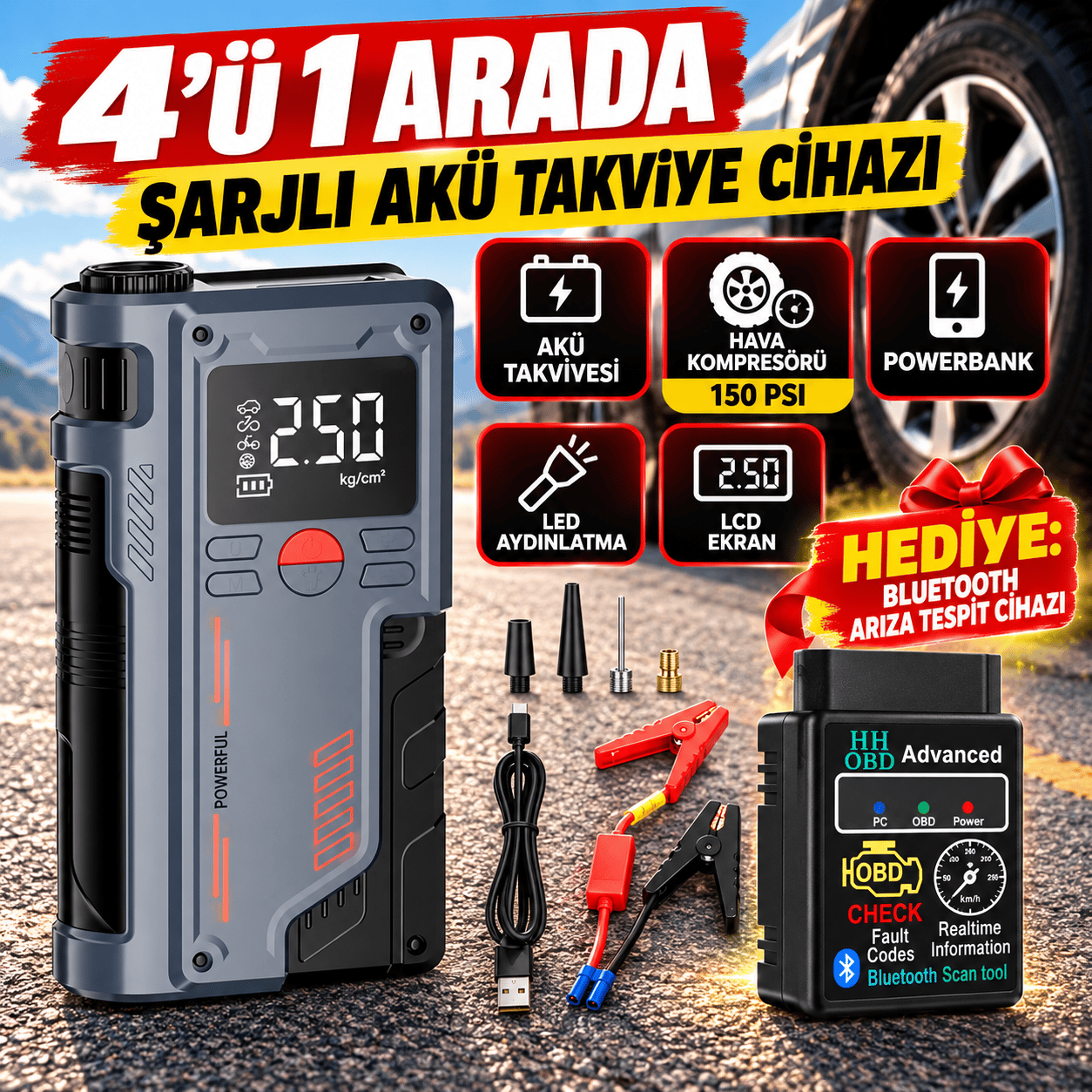 4'ü 1 Arada Şarjlı Akü Takviye Cihazı 150 PSI Hava Kompresörü Powerbank LED Fener + Bluetooth OBD2 Arıza Tespit Cihazı Hediyeli
