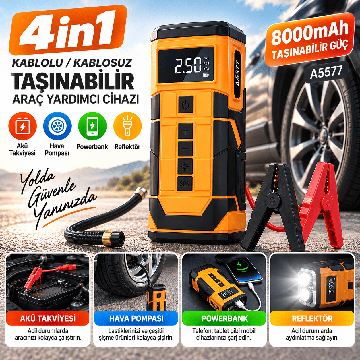A5577 4'ü 1 Arada Akü Takviyeli Şarjlı Hava Pompası 8000 mAh - 14.4V 200 Amper Powerbank Dijital Led Fenerli Oto Kompresör