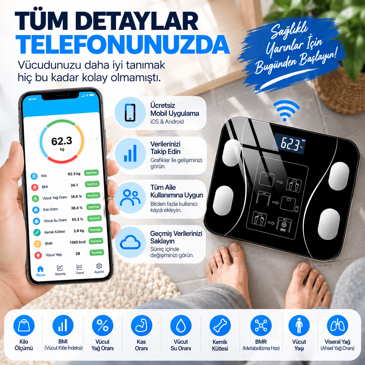Akıllı Dijital Baskül Bluetooth Uygulama Kontrollü Vücut Kitle İndeksi Ölçer LCD Ekran Tartı 180 kg