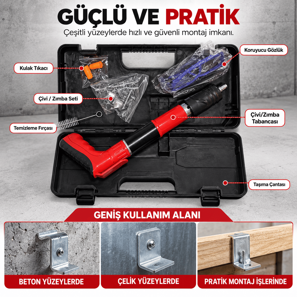 Barutlu Çivi Tabancası Mekanik Çivi Zımba Tabancası Beton Çelik Çivi Tabancası Çantalı Koruma Gözlüklü