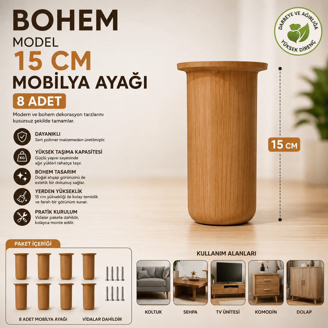 Bohem Model 15 cm Mobilya Ayağı Söğüt Rengi Sert Polimer Koltuk Dolap Tv Ünitesi Ayağı-8 Adet