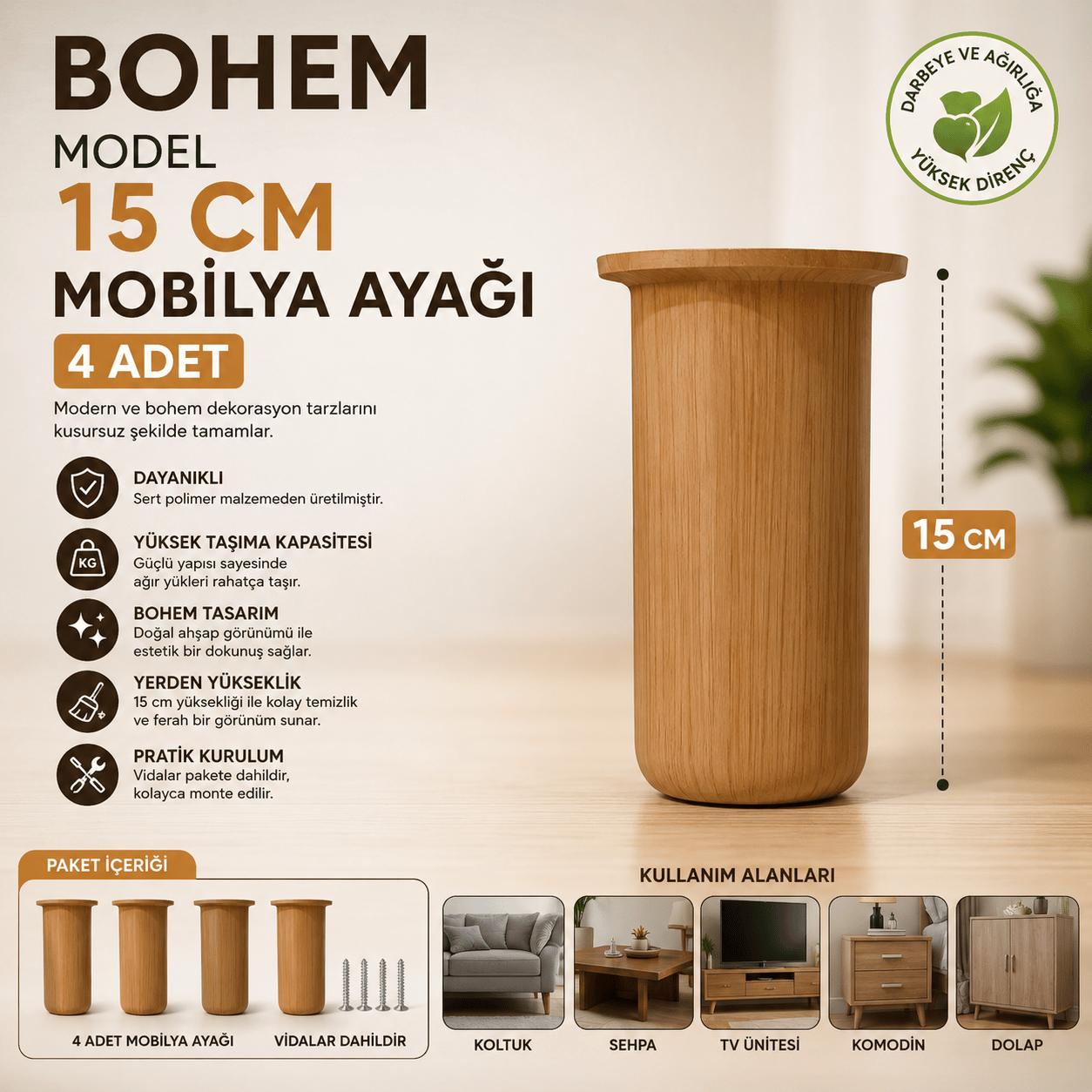 Bohem Model 15 cm Mobilya Ayağı Söğüt Rengi Sert Polimer Koltuk Dolap Tv Ünitesi Ayağı-4 Adet