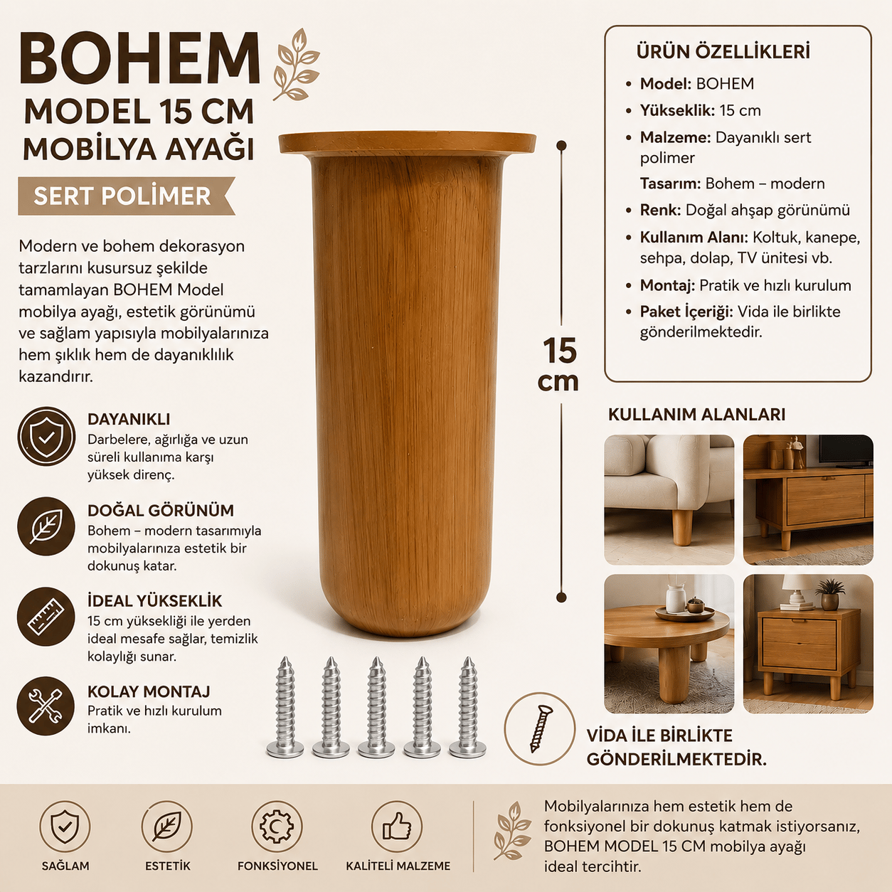 Bohem Model 15 cm Mobilya Ayağı Söğüt Rengi Sert Polimer Koltuk Dolap Tv Ünitesi Ayağı