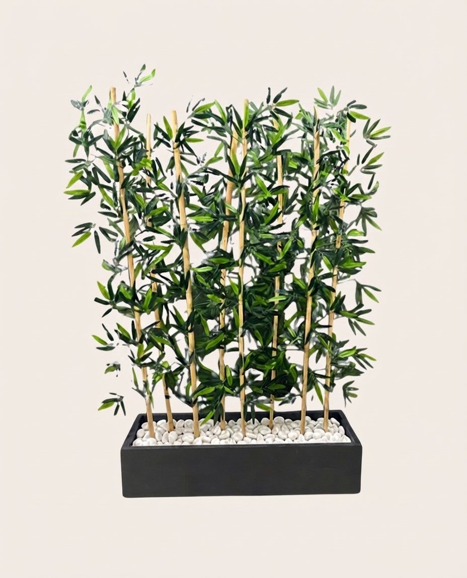 Dekoratif Yapay Bambu Seperatör 160x100 cm (Ahşap Saksılı ve Beyaz Taşlı)