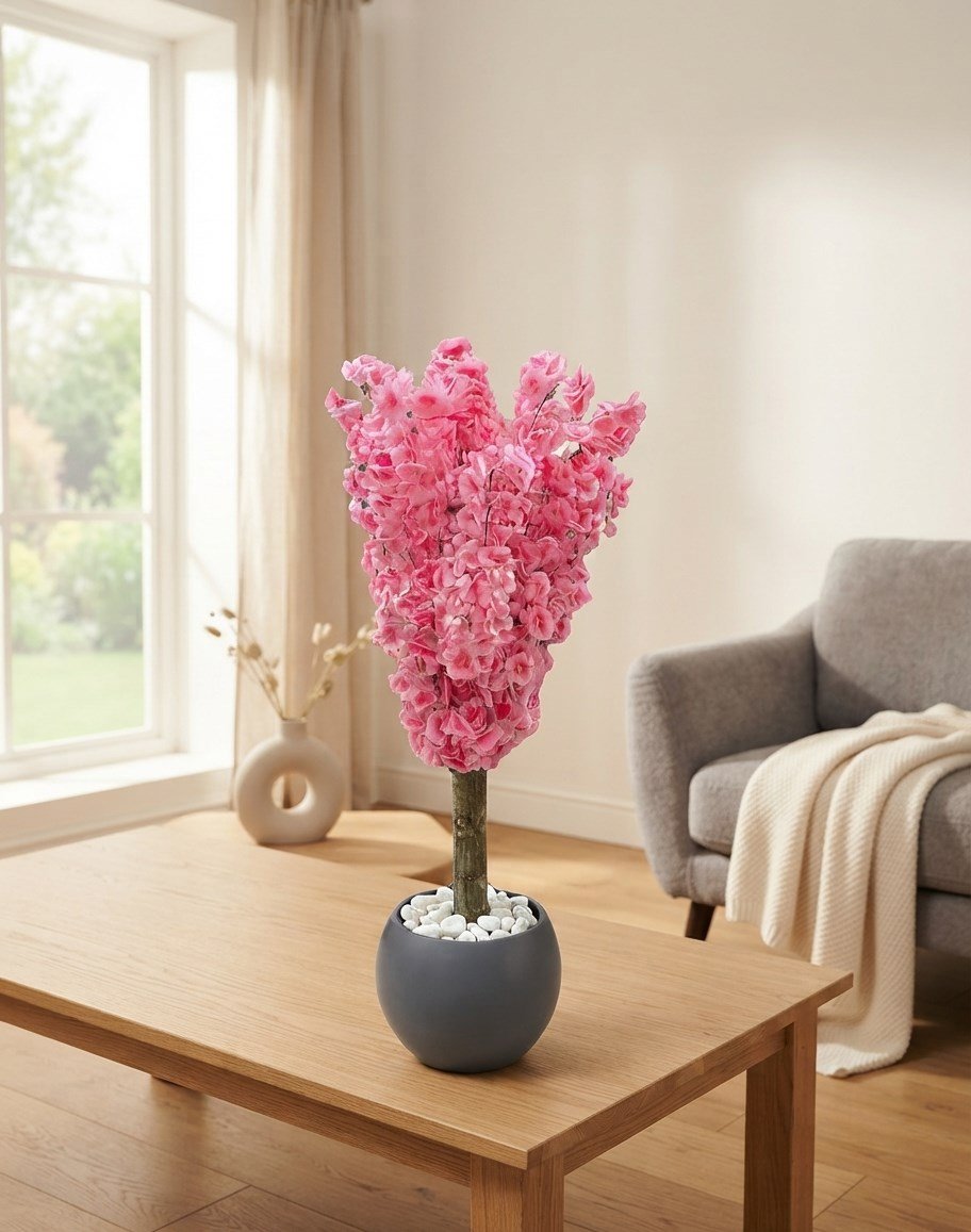 Dekoratif Yapay Pembe Bahardalı Ağacı 100 cm (Küre Saksılı ve Gerçek Gövdeli)