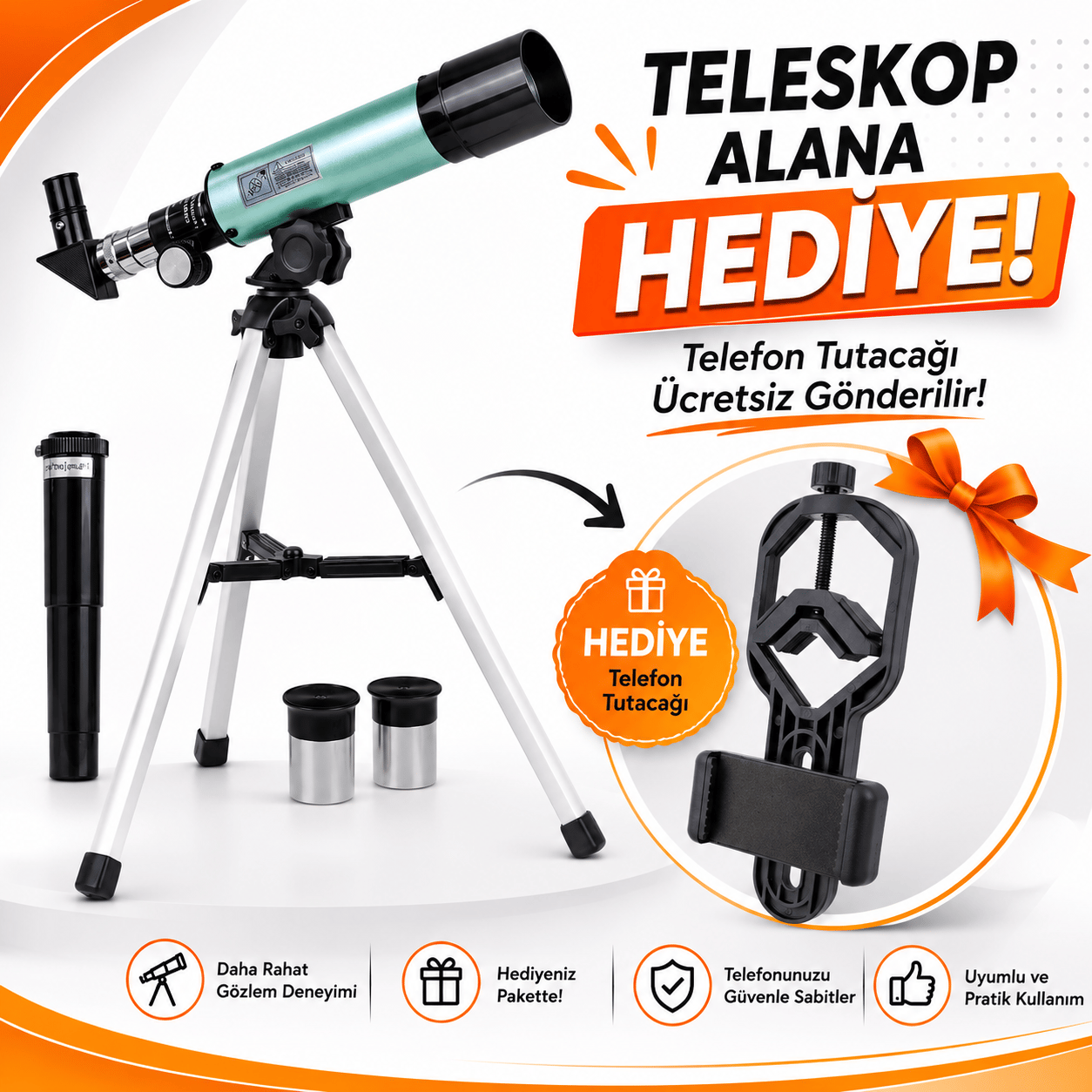 F36050 Astronomi Gözlem Başlangıç Teleskopu Telefon Tutacağı HEDİYE'li
