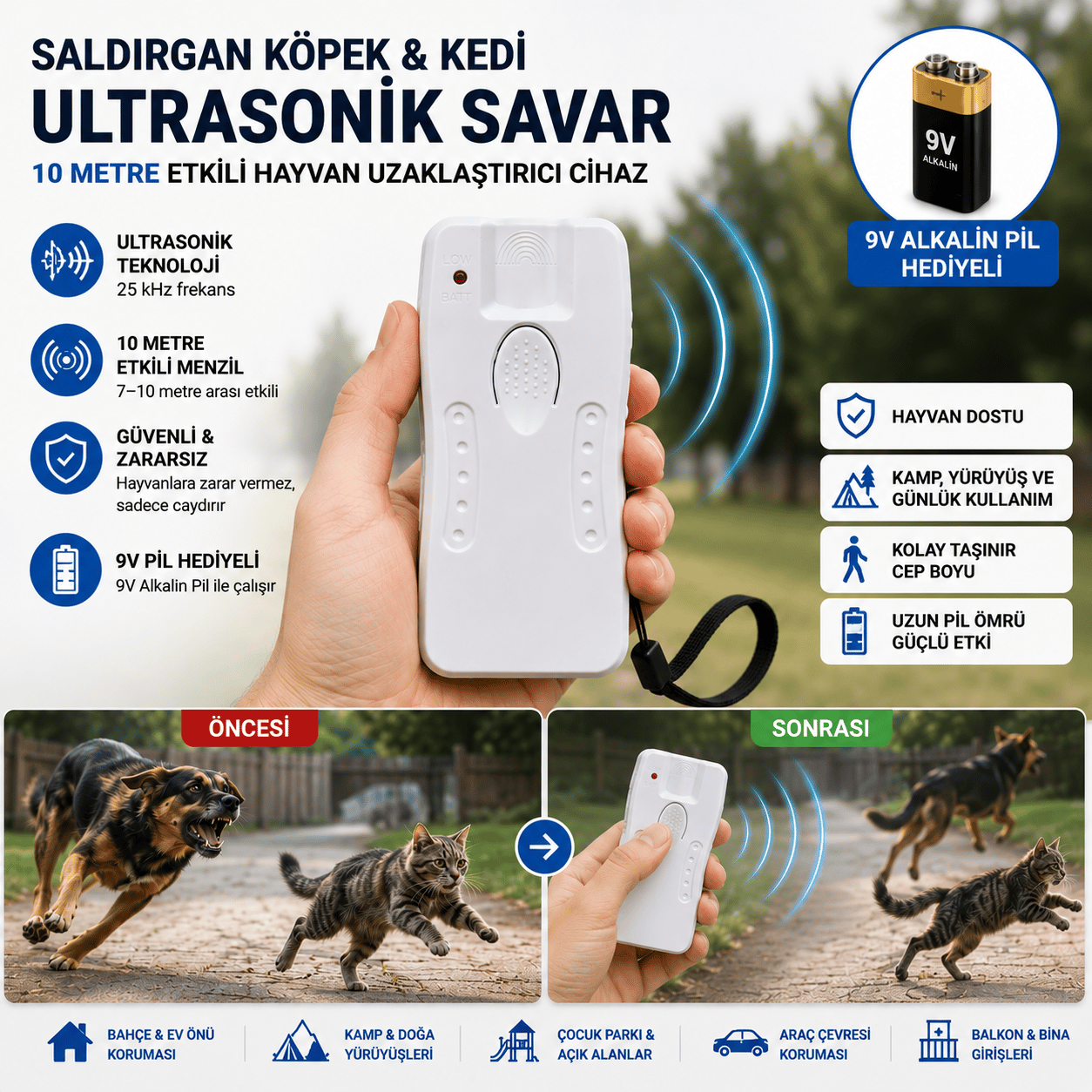 Saldırgan Köpek Kedi Ultrasonik Savar 10 Metre Etkili Uyarıcı