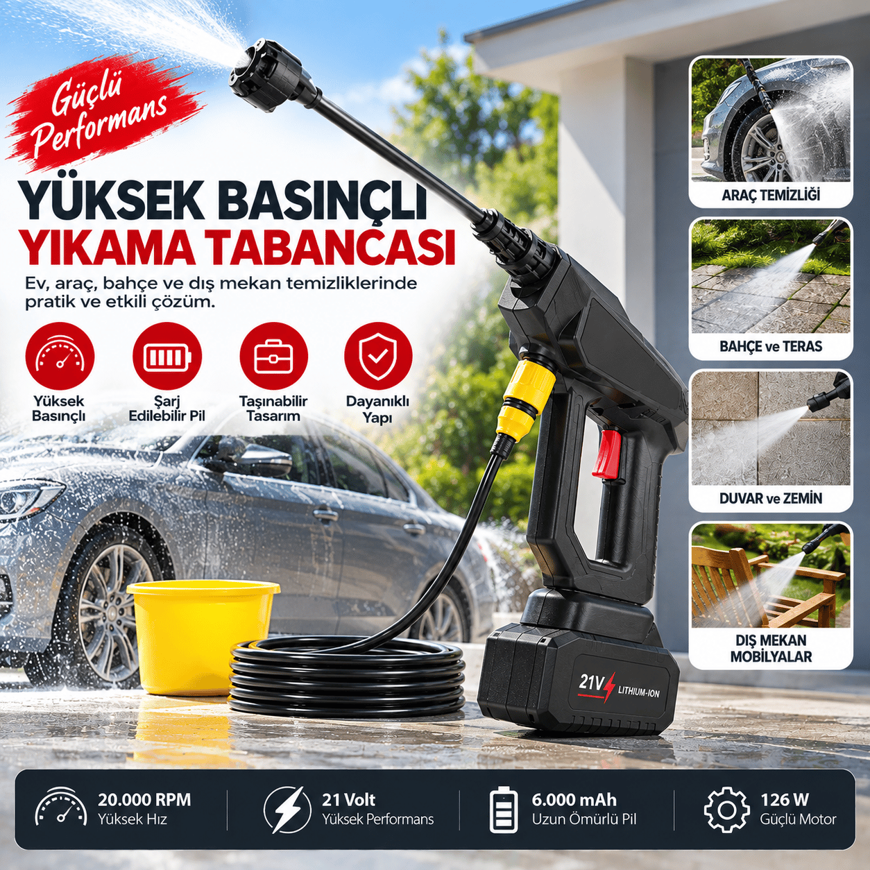 Şarjlı Akülü Yüksek Basınçlı Yıkama Tabancası 21V 1200mAh Uzun Ömürlü Pil 126W Taşınabilir Yıkama Makinesi