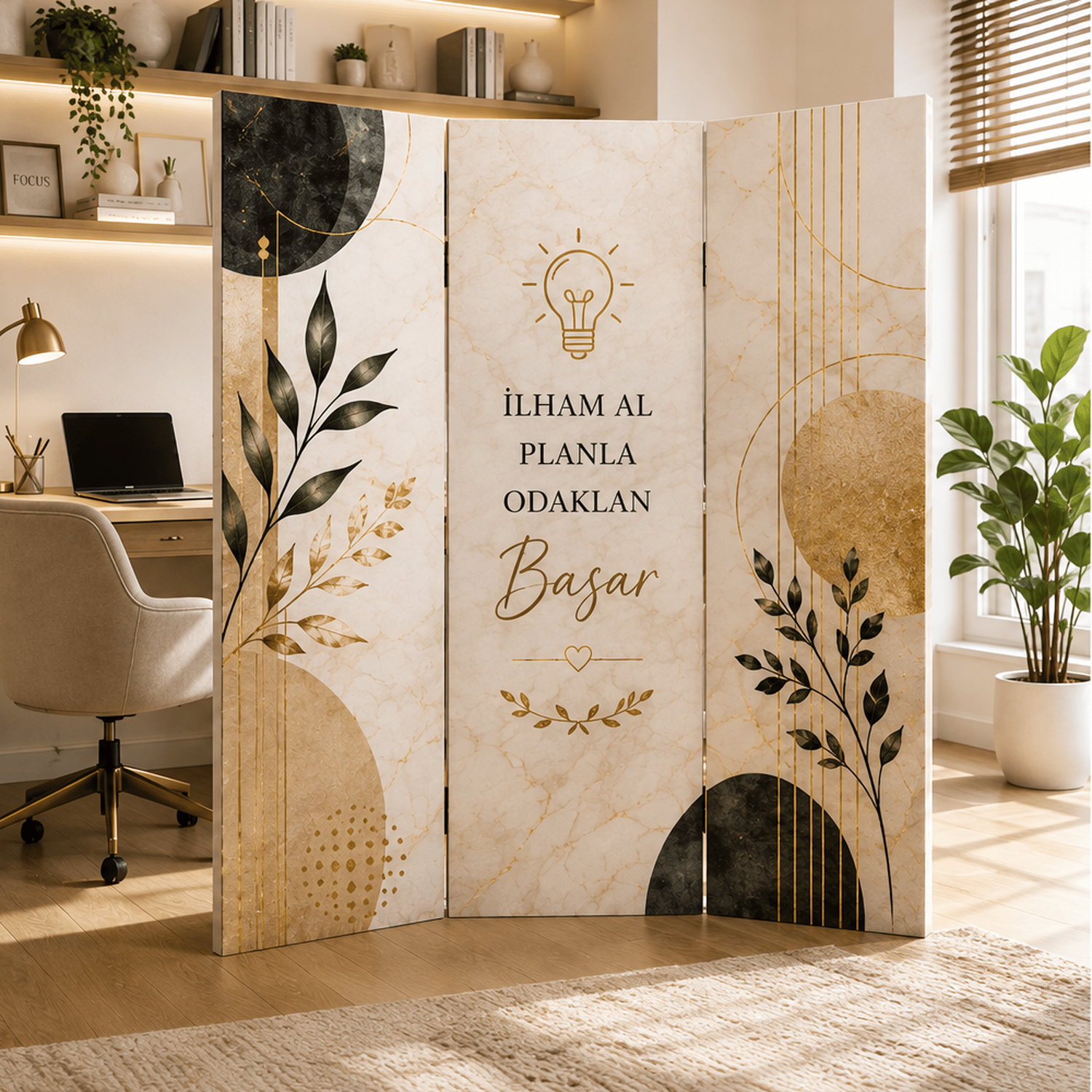 Çalışma Köşesi Temalı Dekoratif Paravan – Modern Home Office Oda Bölücü