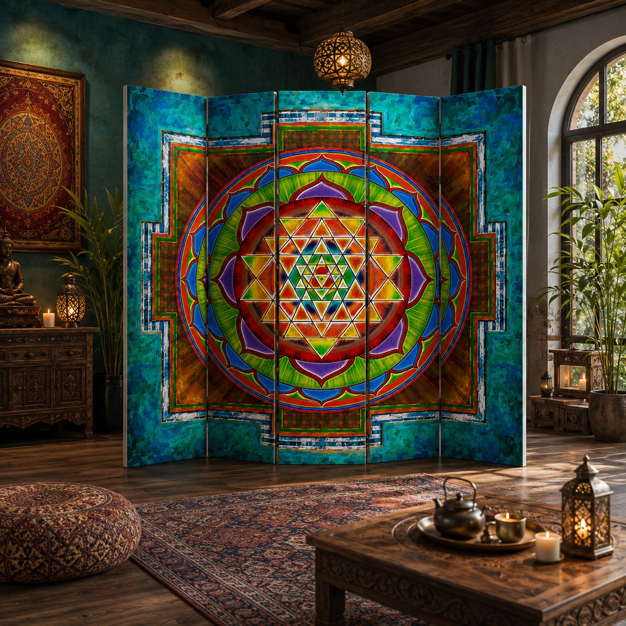 DBSanat Sri Yantra Mandala Baskılı 5 Kanat Dekoratif Paravan – Oda Bölücü & Seperatör