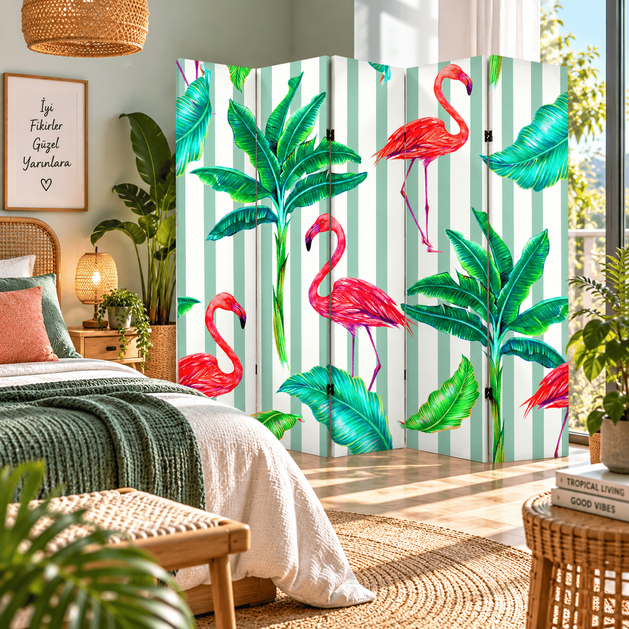 Flamingo ve Tropikal Yaprak Desenli Dekoratif Paravan