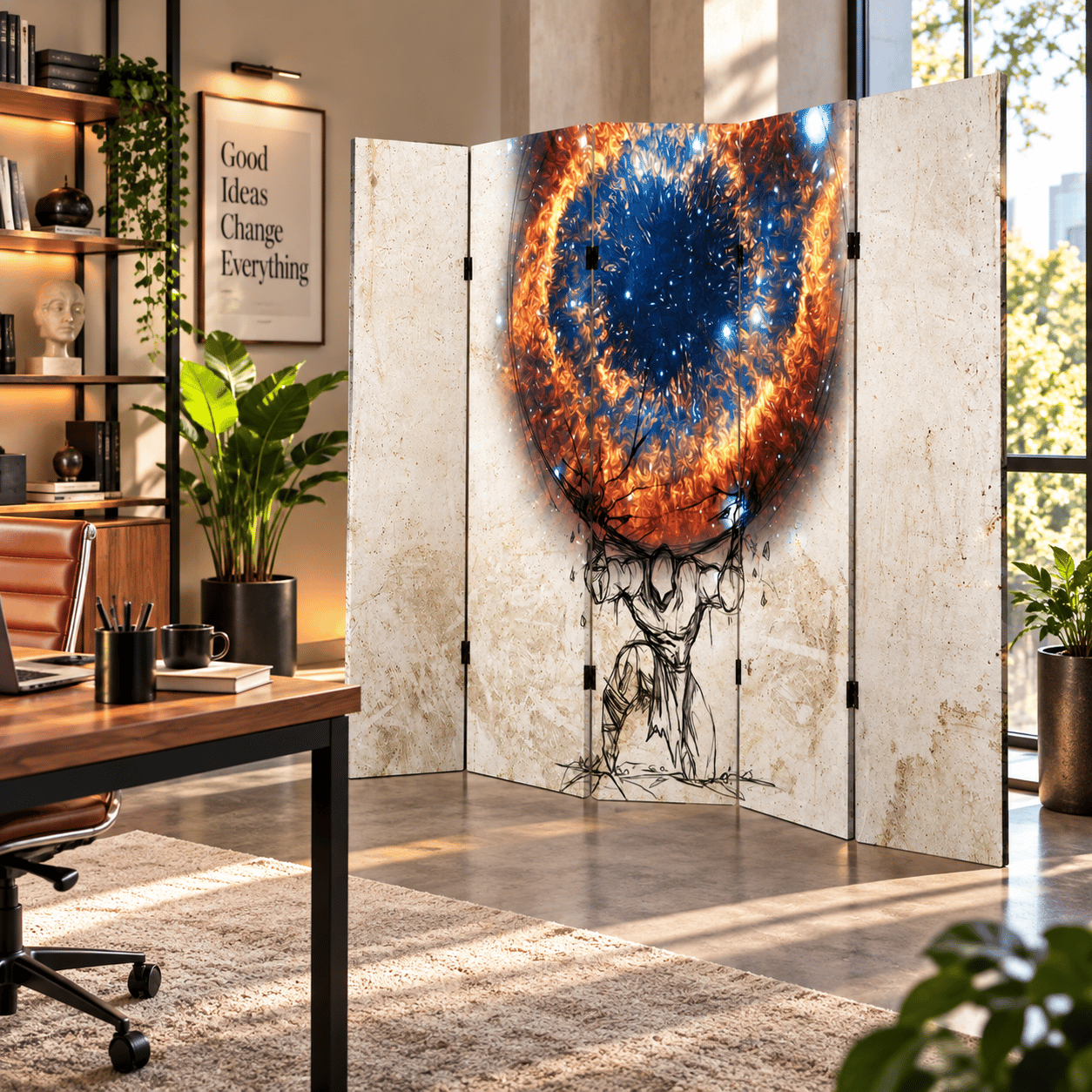 Kozmik Güç ve Atlas Temalı Dekoratif Paravan – Modern Sanat Oda Bölücü