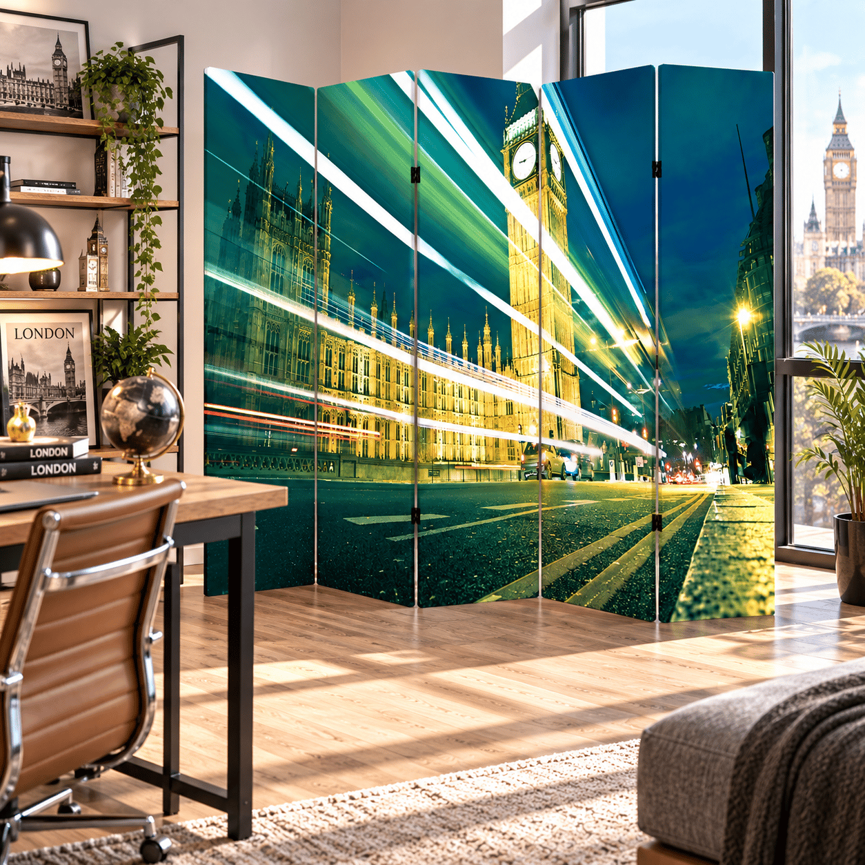 Londra Big Ben Gece Manzaralı Dekoratif Paravan – Şehir Temalı Oda Bölücü