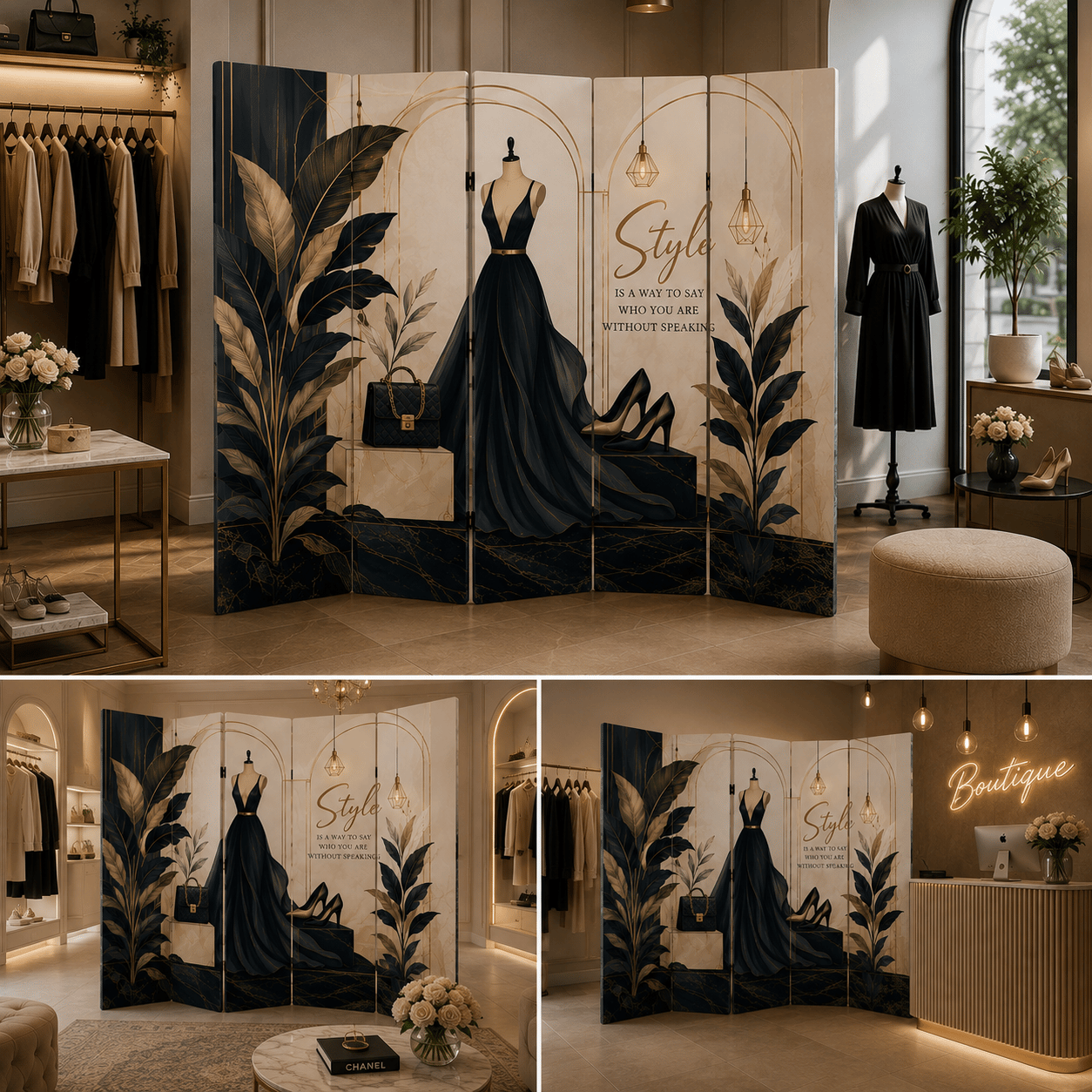Moda Temalı Dekoratif Paravan – Butik ve Giyinme Alanları İçin Şık Oda Bölücü