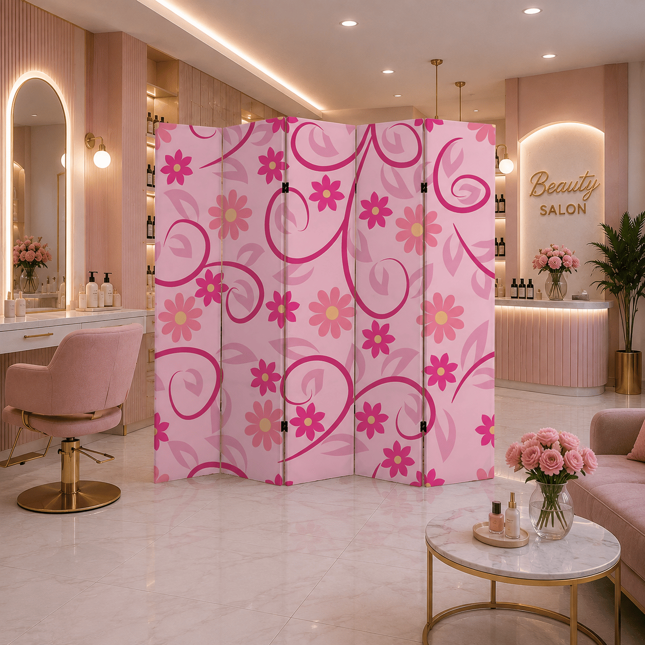 Pembe Çiçek Desenli Dekoratif Paravan – Güzellik Salonu ve Yaşam Alanları İçin Oda Bölücü