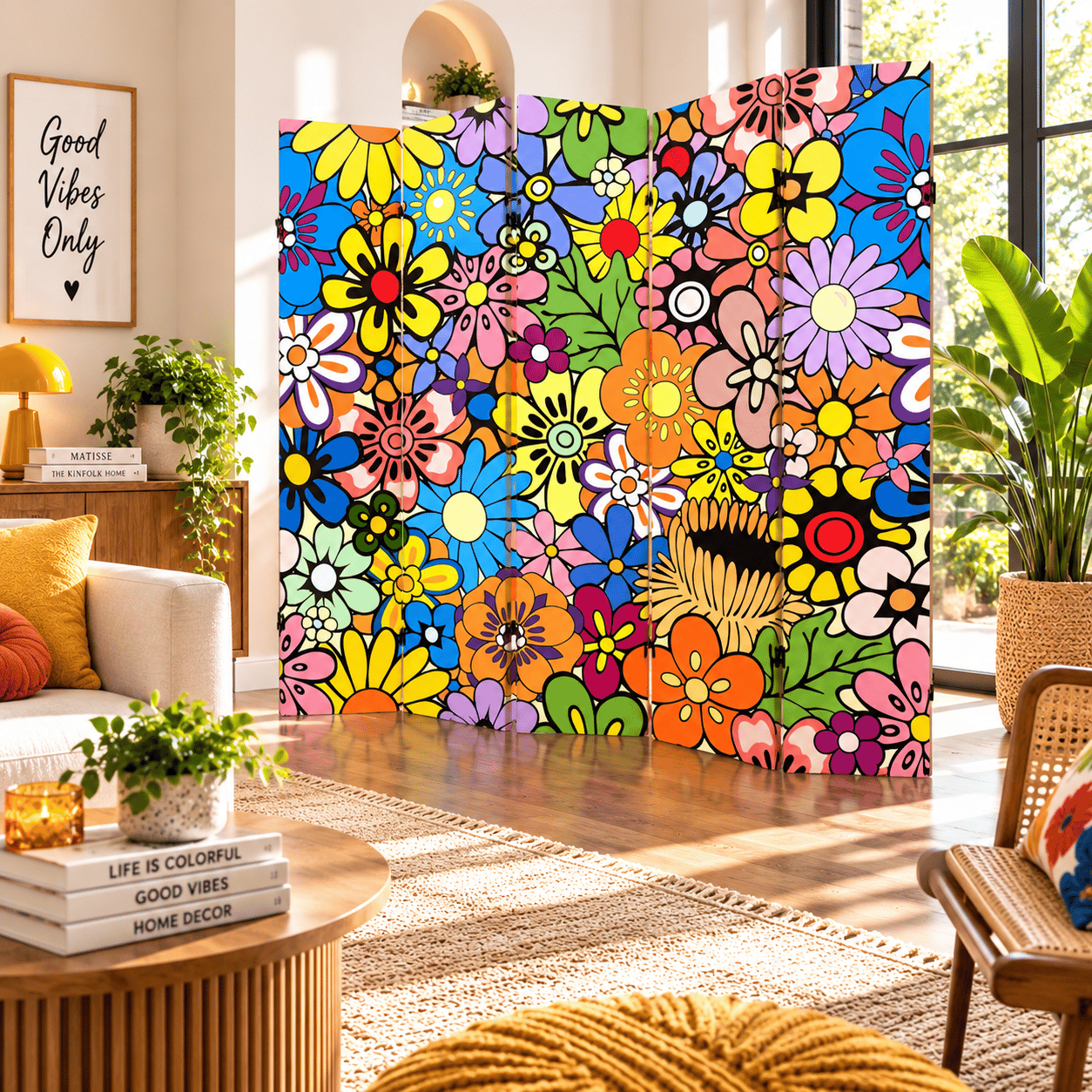 Renkli Retro Çiçek Desenli Dekoratif Paravan – Pop Art Oda Bölücü