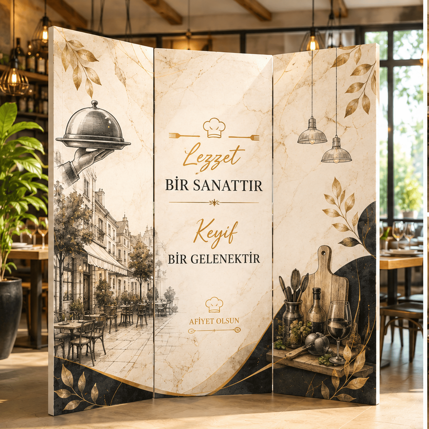 Restoran Temalı Dekoratif Paravan – Şık ve Modern Mekân Bölücü