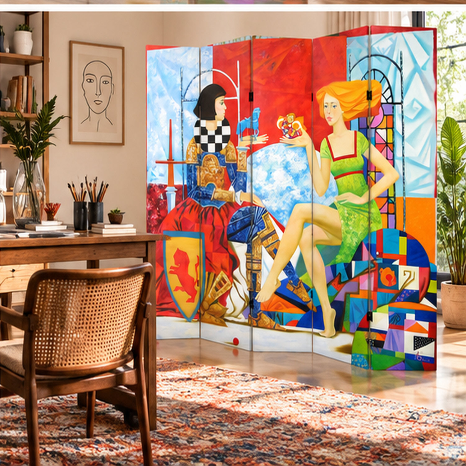 Sanatsal Figürler ve Geometrik Desenli Dekoratif Paravan – Modern Art Oda Bölücü