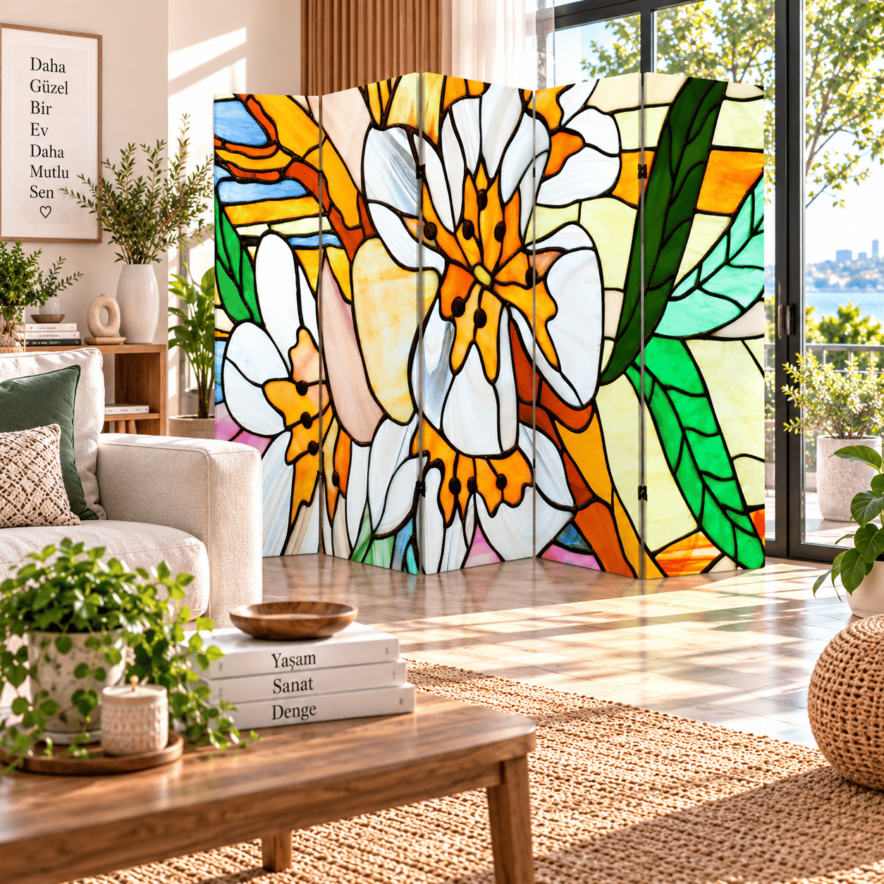 Vitray Çiçek Desenli Dekoratif Paravan