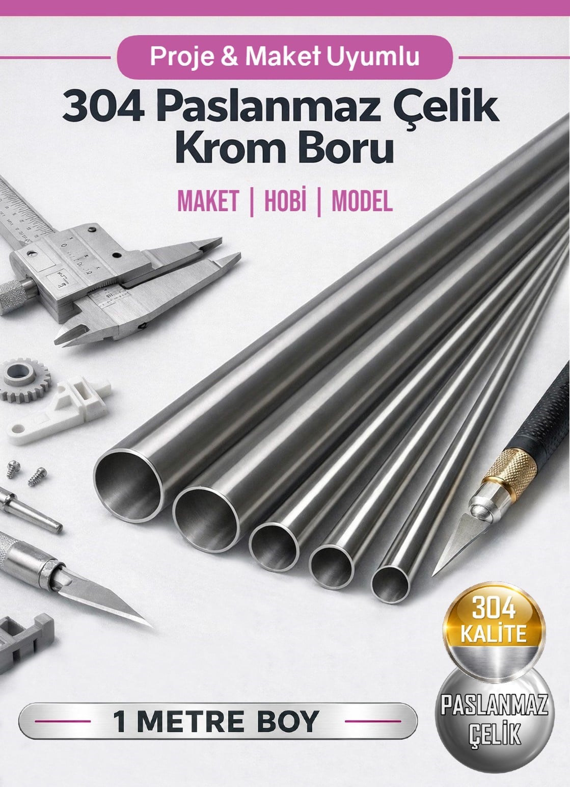 Krom Boru | 1 Metre Boylarda | Paslanmaz Çelik Boru Seti | Minik Çaplar