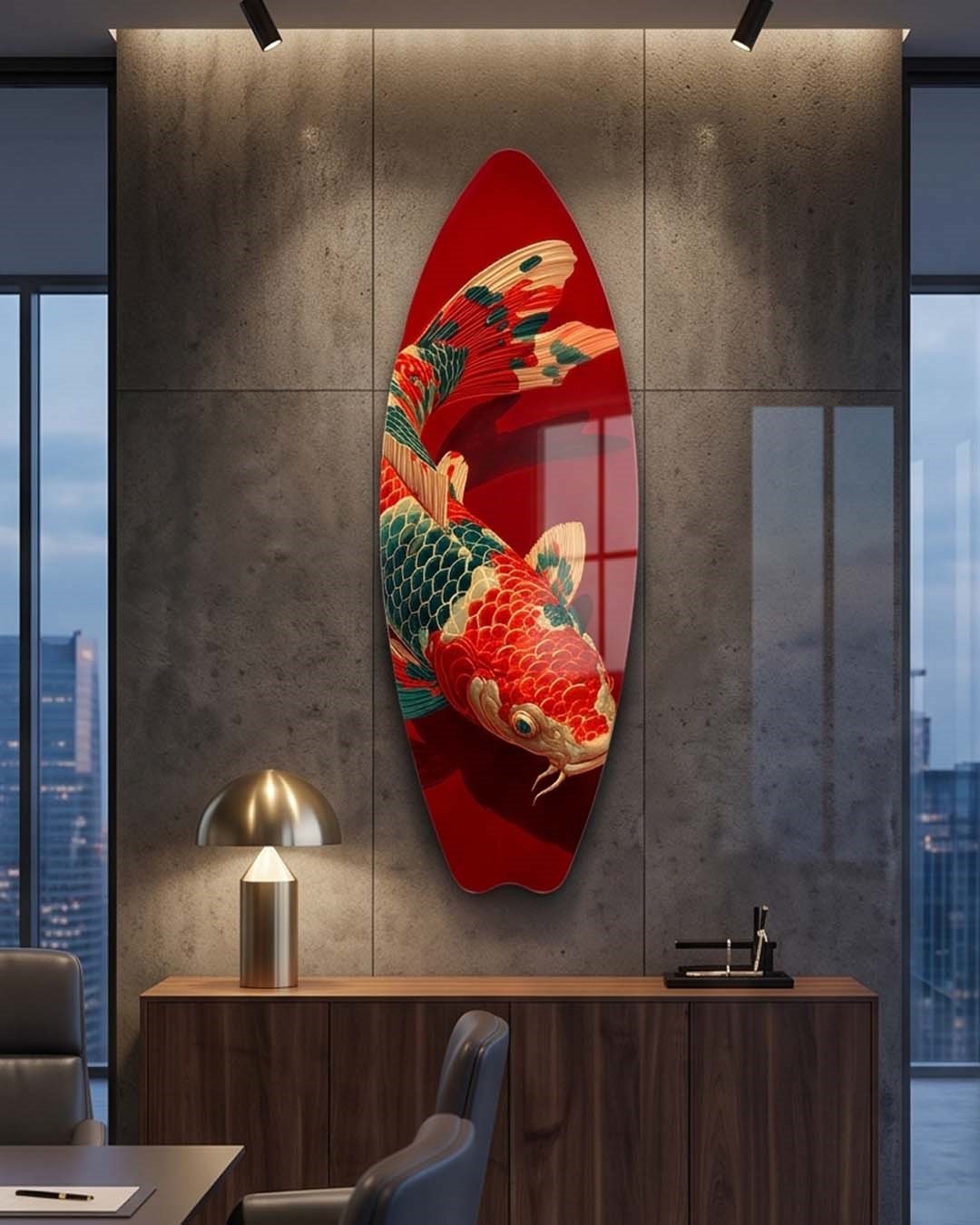 Kızıl Koi Surfboard Dekoratif Pleksi Duvar Tablosu