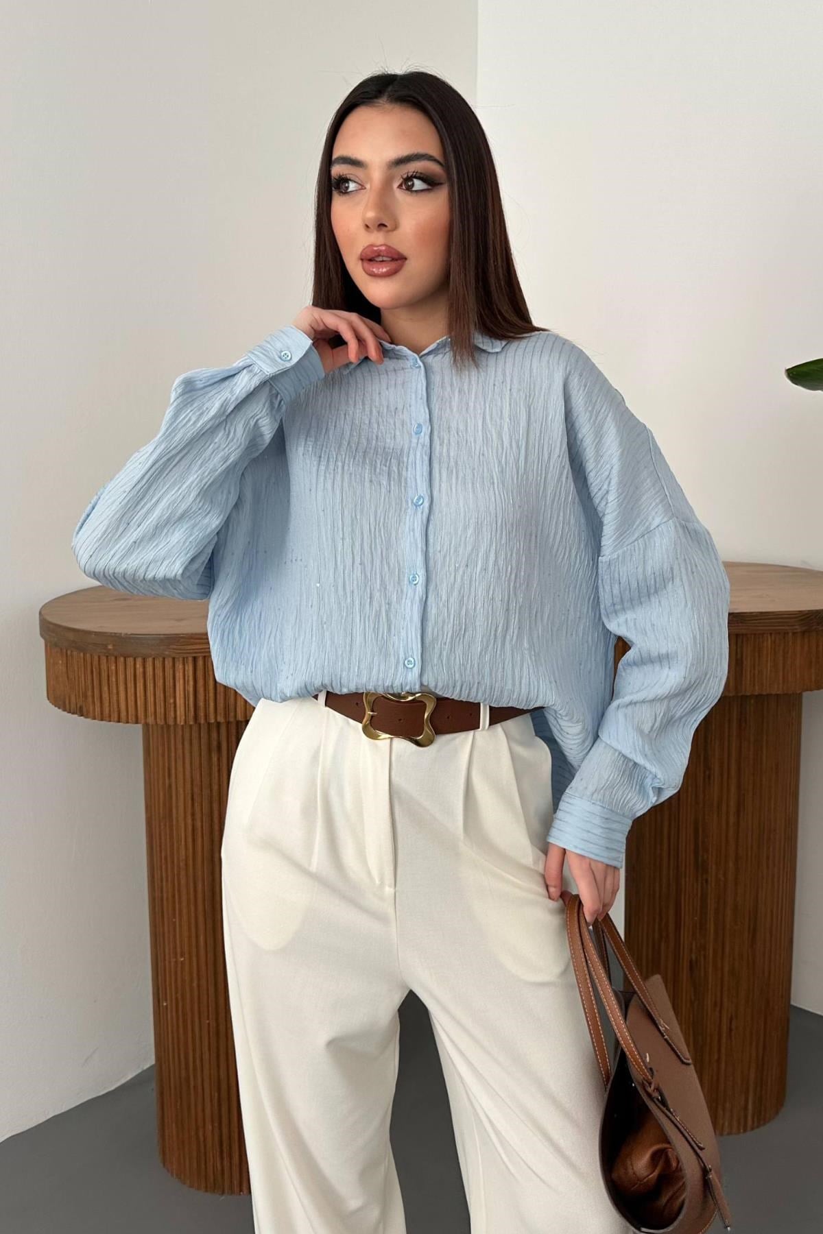 Bebe Mavi Nakışlı Oversize Gömlek