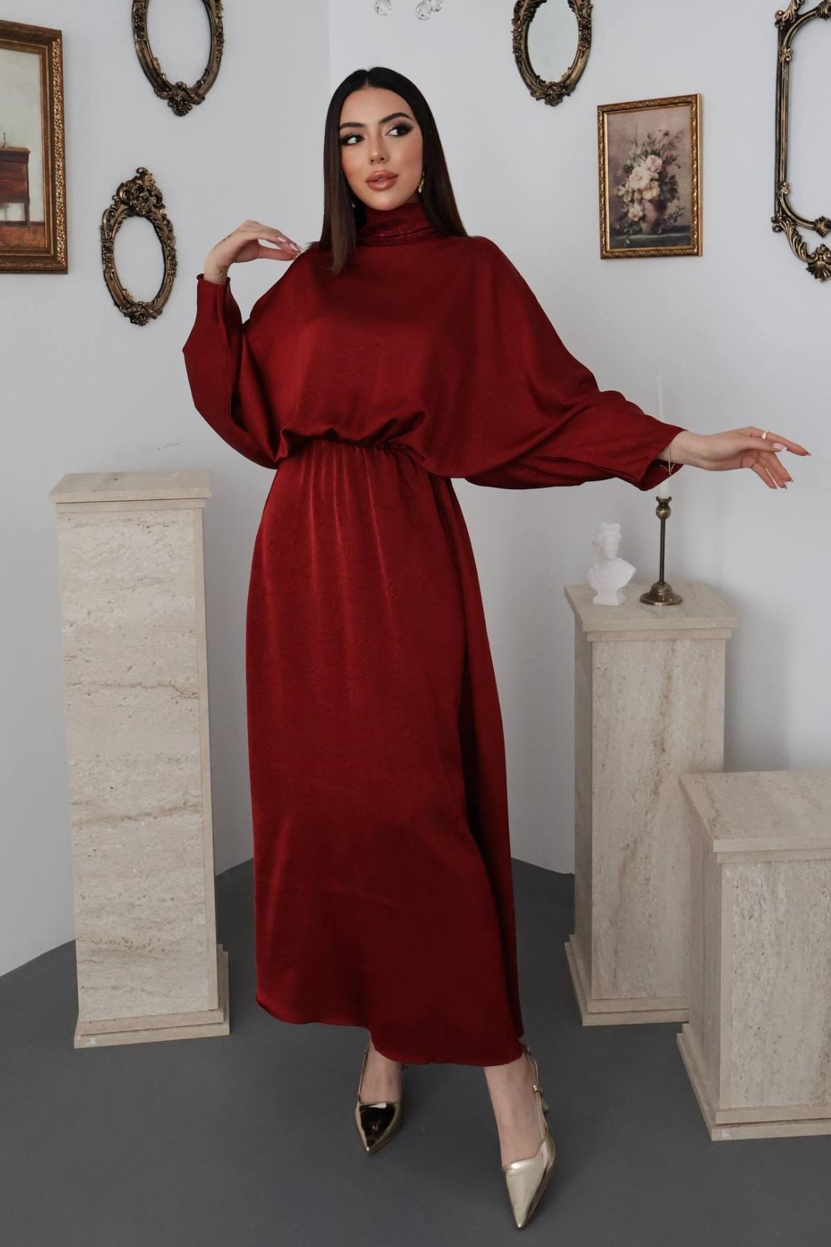 Bordo Jakarlı Saten Elbise