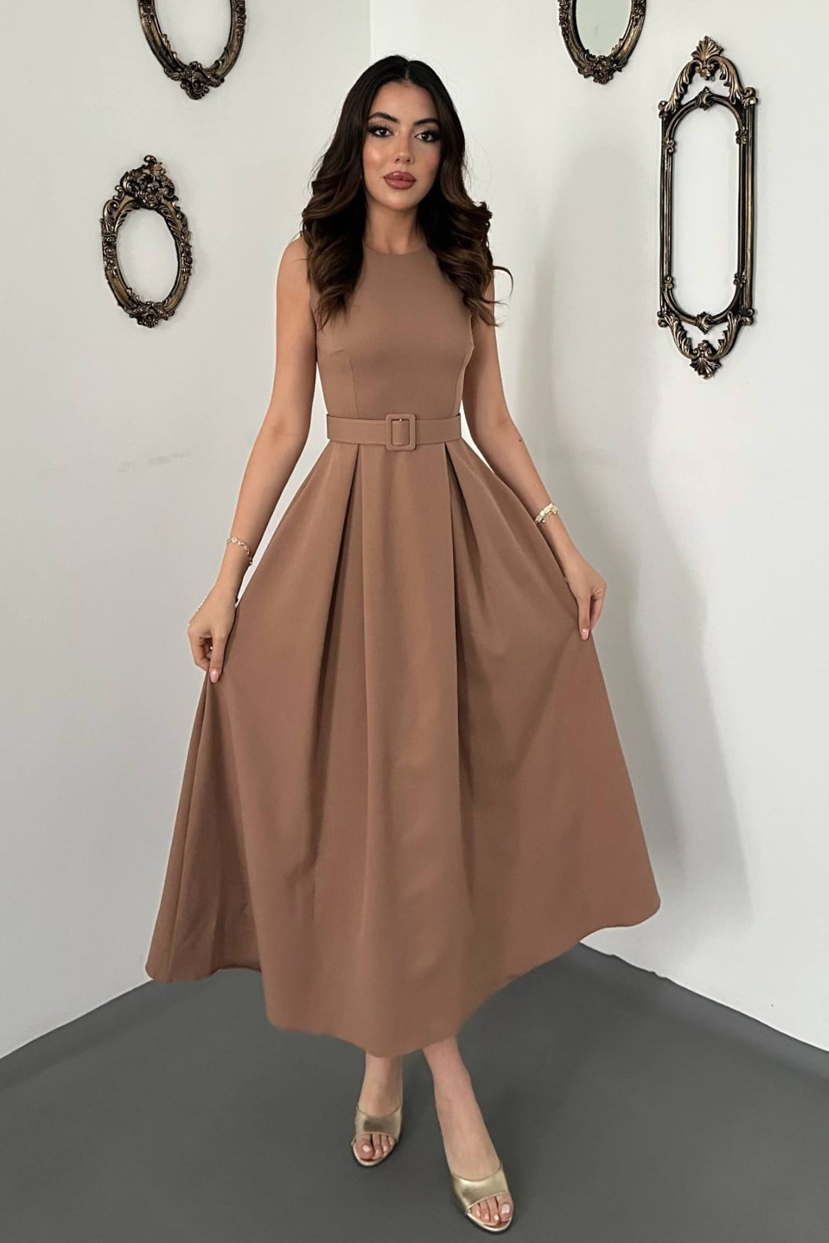 Camel Halter Yaka Kloş Elbise