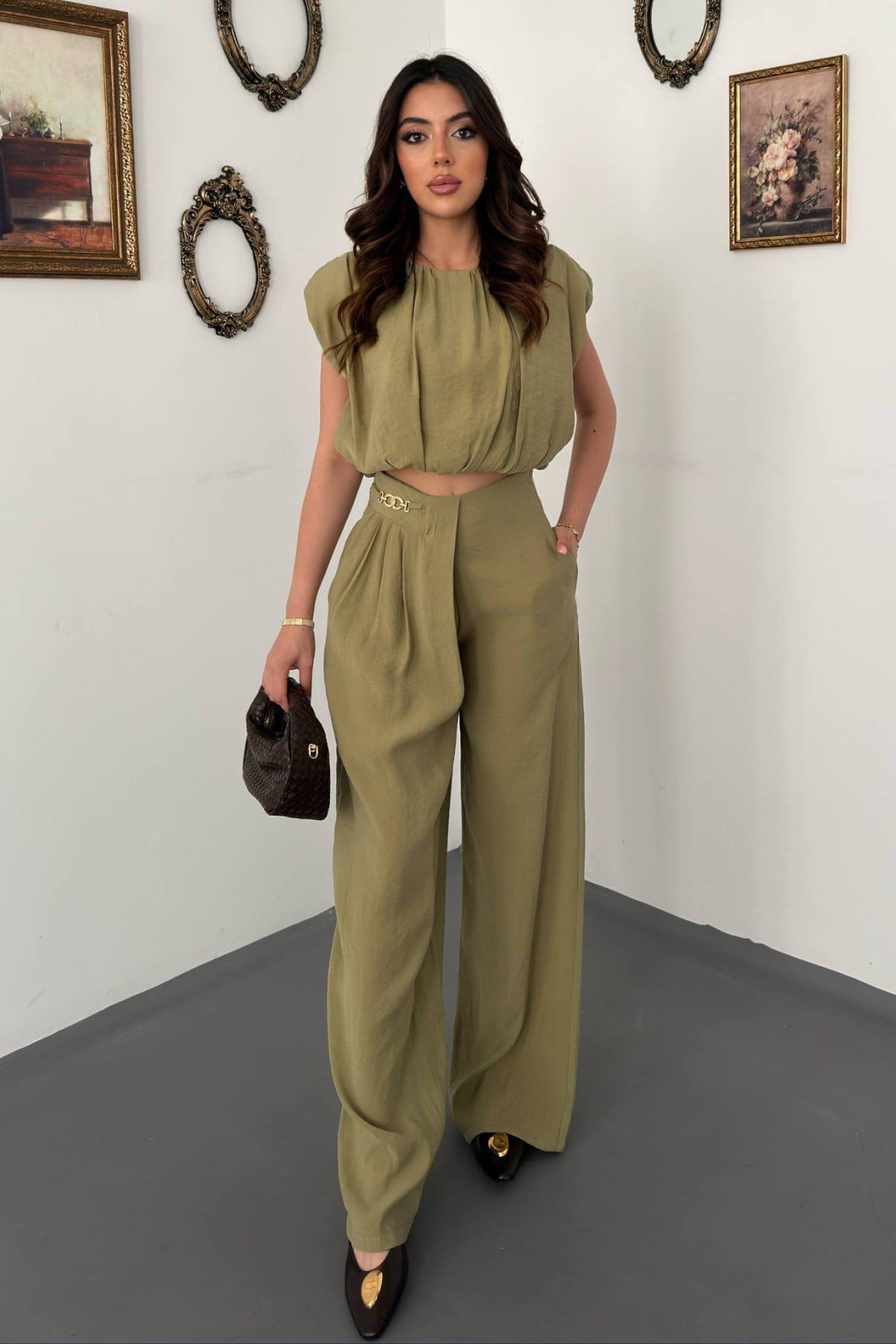 Olive Modal Bluz Ve Pantolon Takım