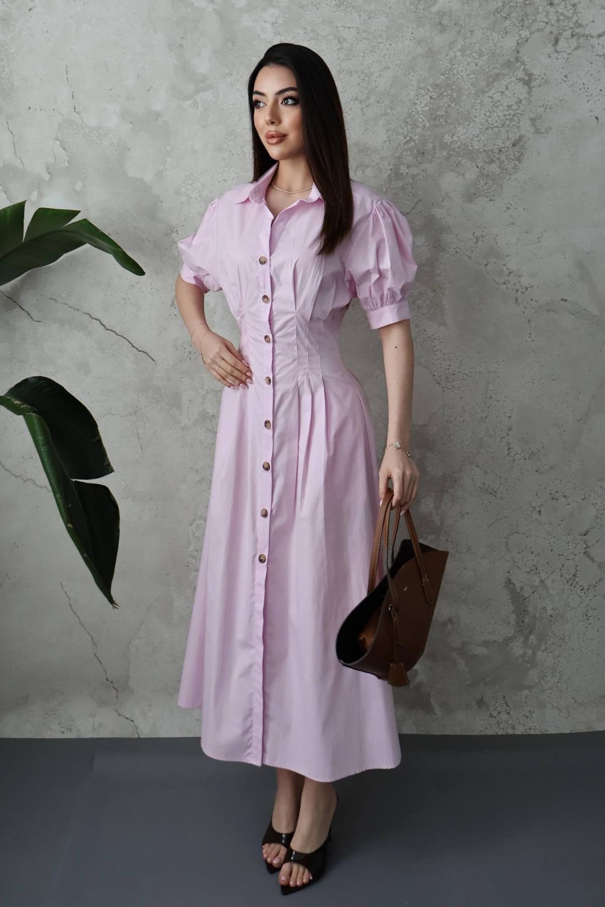 Pembe Pileli Poplin Elbise