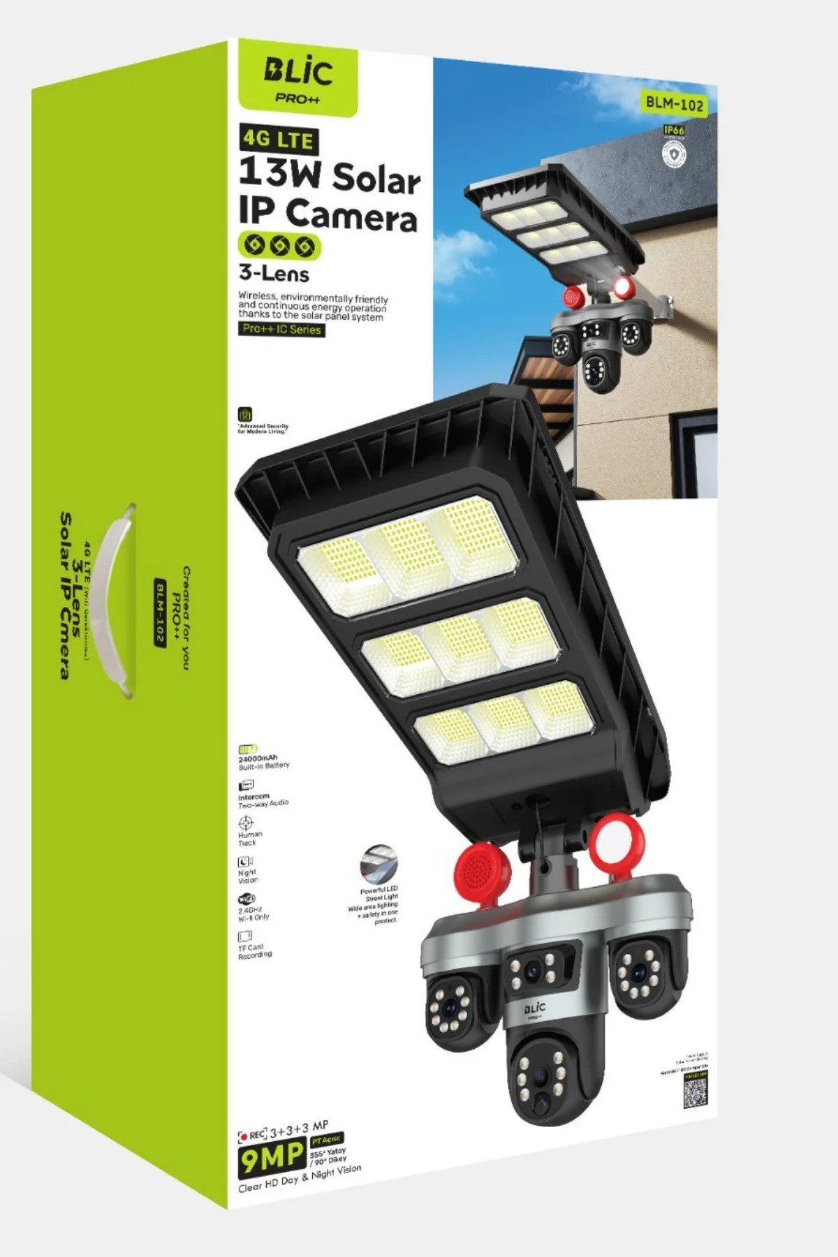 BLİC 9MP 3 Lensli Sim Kartlı 4G LTE Solar Güneş Enerjili Akıllı IP Kamera -13W Güçlü LED Sokak Lambası, 24000mAh BLM-102