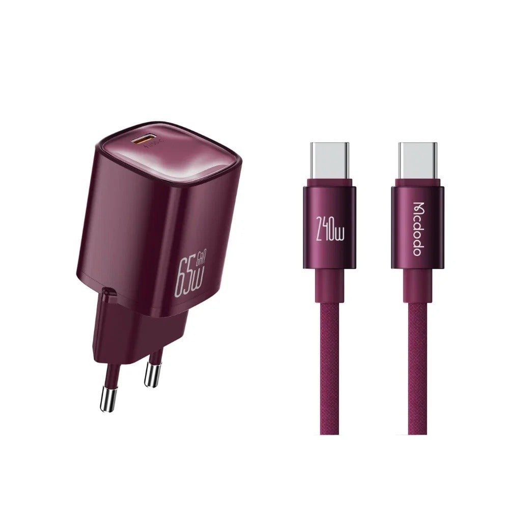 Mcdodo CH-8264 Nano Serisi 65W Tek Type-C Port Hızlı Şarj Adaptörü + Type-C to Type-C Kablo Mor