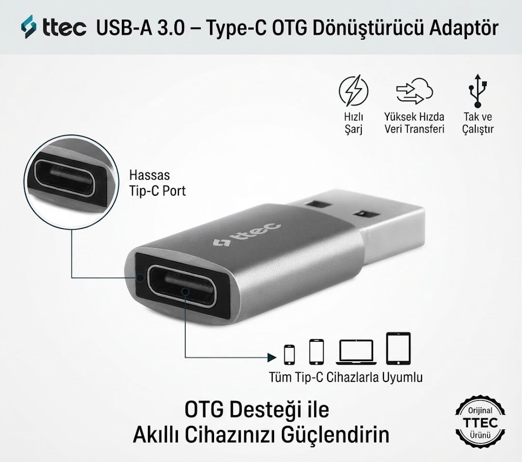 ttec USB-A 3.0 – Type-C OTG Dönüştürücü Adaptör