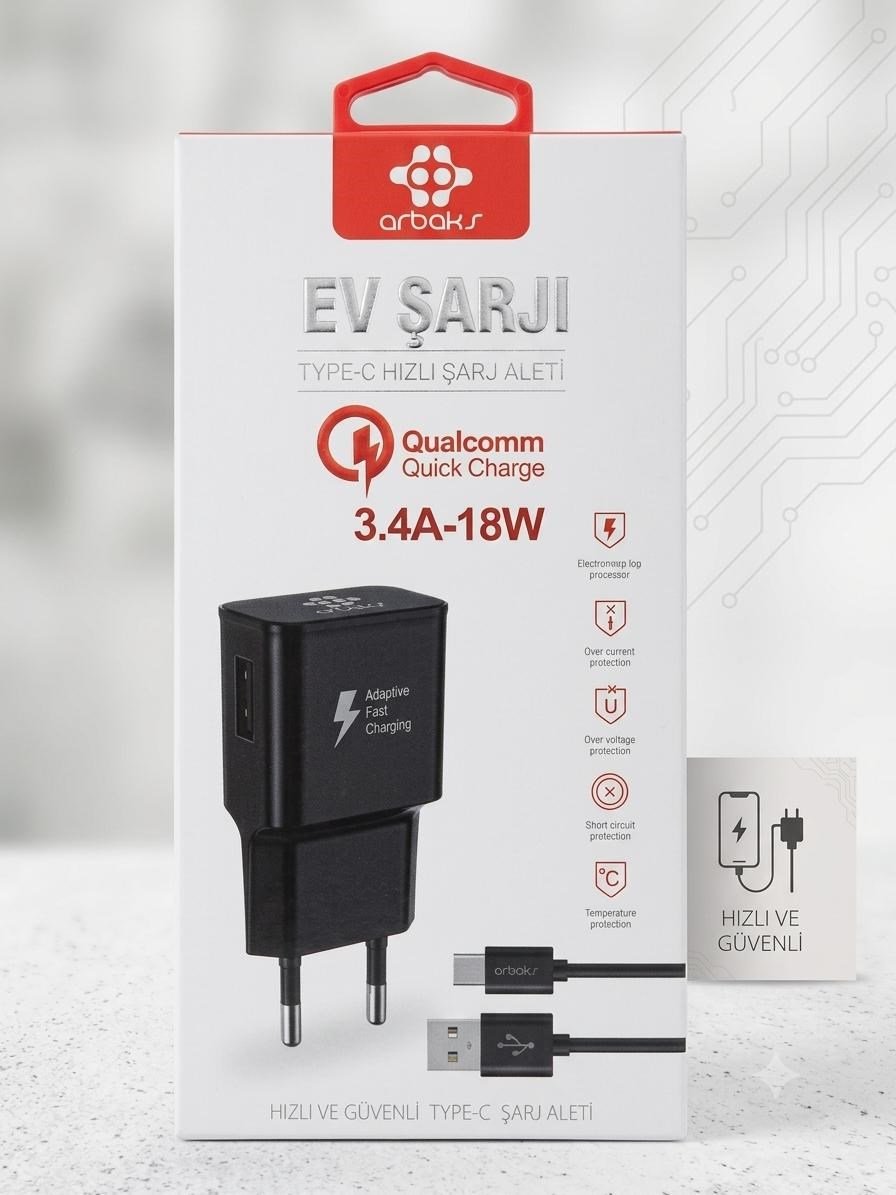 TYPE-C / 3.4A-18W Qualcomm Hızlı Şarj Aleti Arbaks ARB-014(SİYAH)