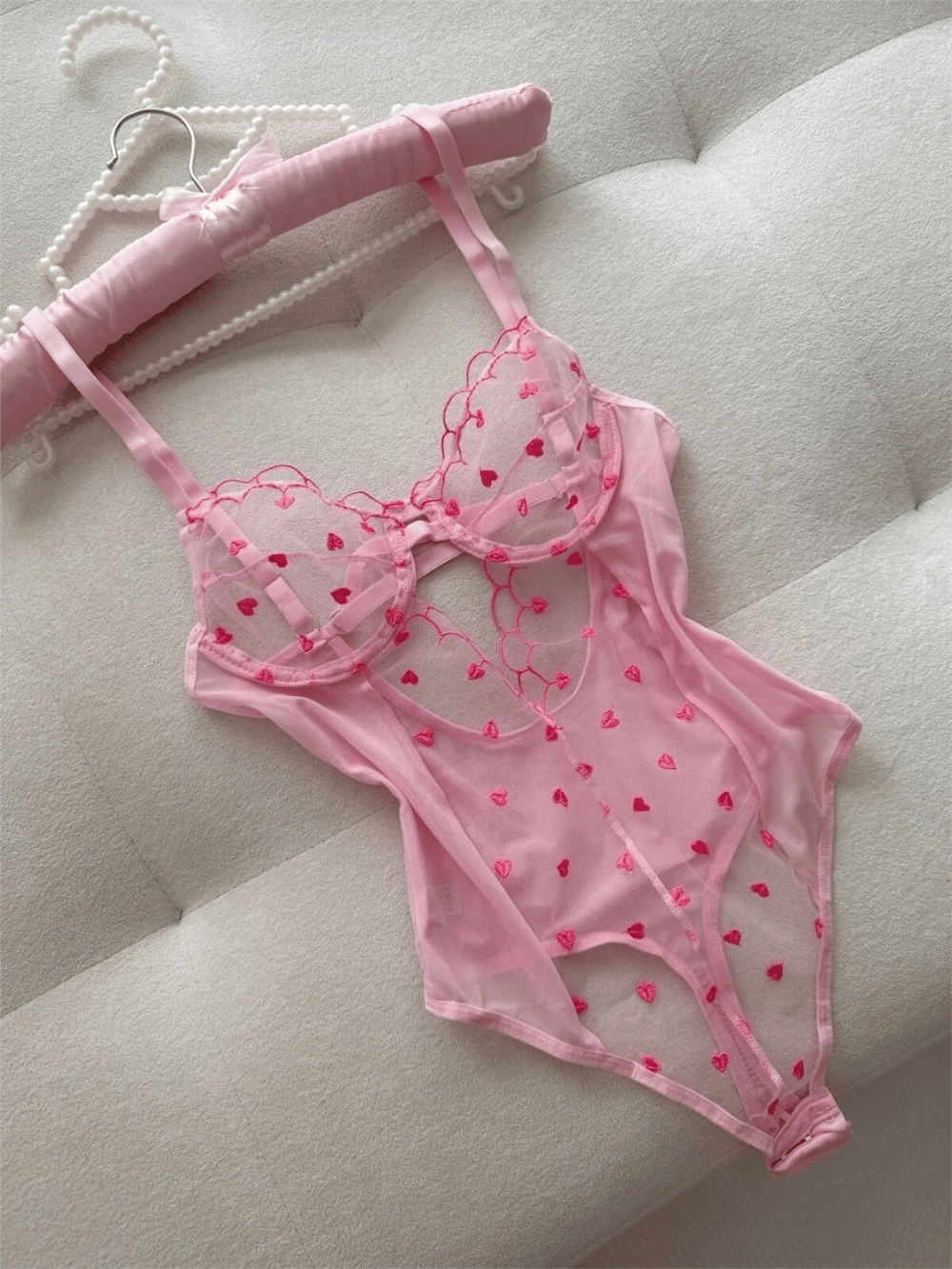Kalp Nakışlı Transparan Tül Bodysuit - Pembe