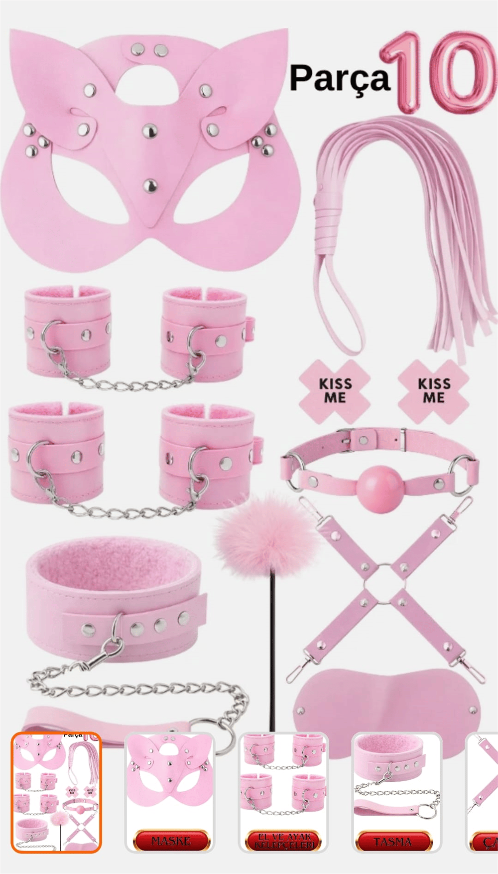 Lüks Baby Pink Deri & Peluş İç Detaylı 10 Parça Fantazi Aksesuar Seti