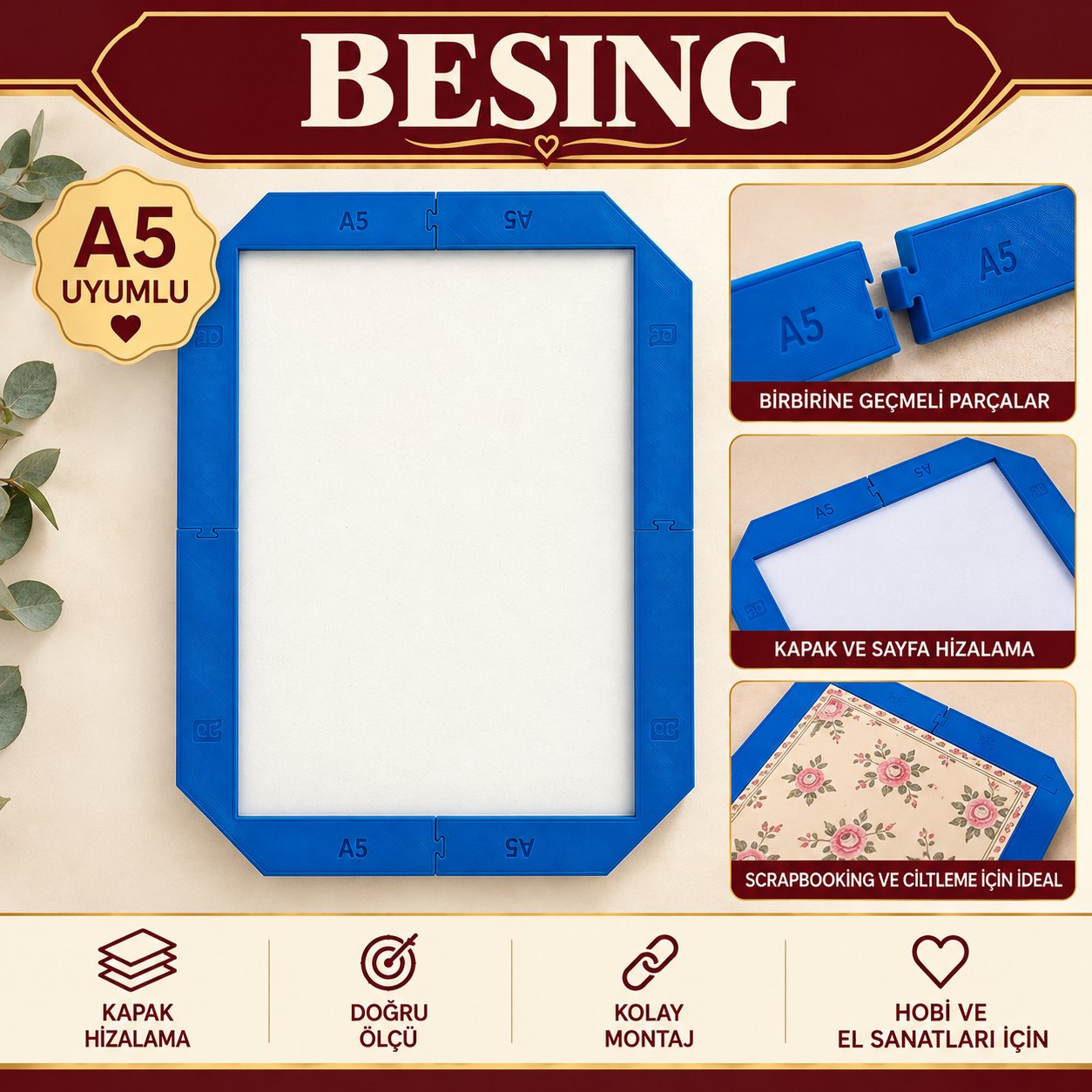 A5 Kapak Hizalama Kılavuzu – Parçalı Scrapbooking ve Ciltleme Aparatı