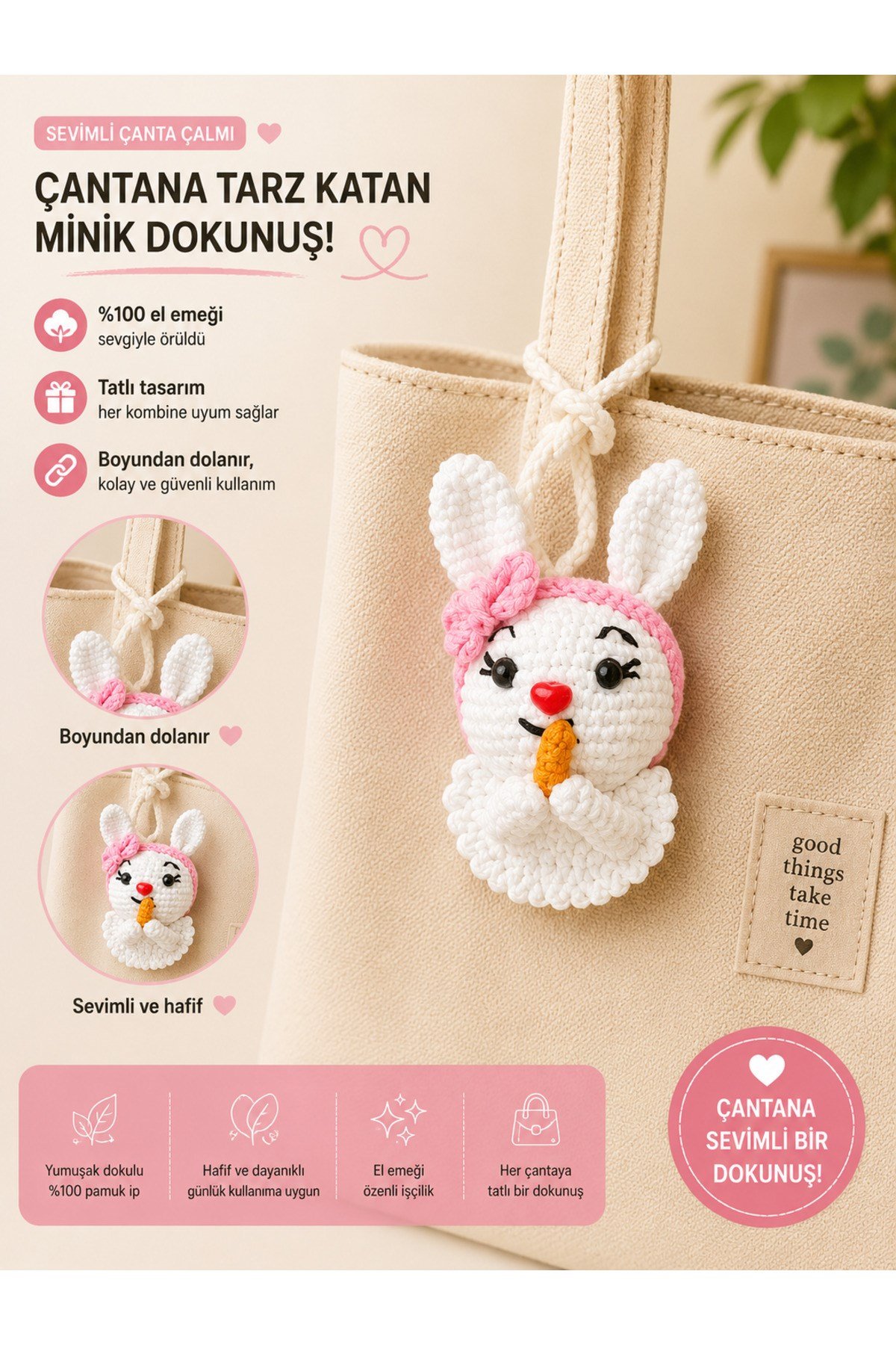Amigurumi Tavşan Çanta Çalmı | El Yapımı Çanta Süsü | Boyundan Dolamalı Çanta Aksesuarı