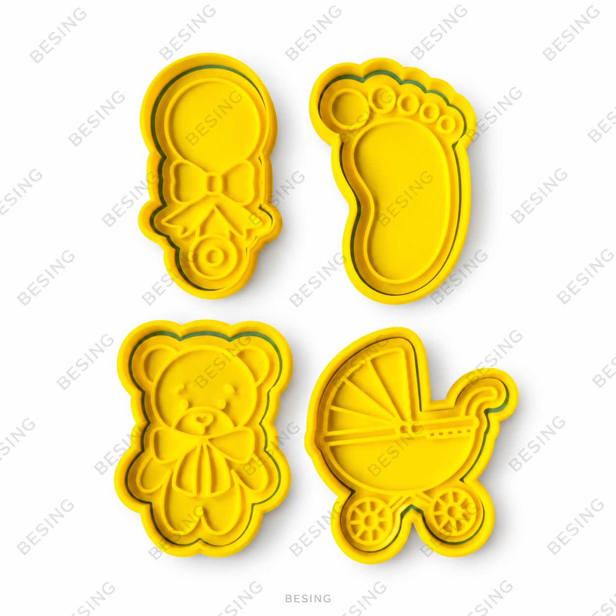 Baby Shower Kurabiye Kalıbı 4'lü Set – Emzik, Bebek Ayağı, Ayıcık ve Bebek Arabası