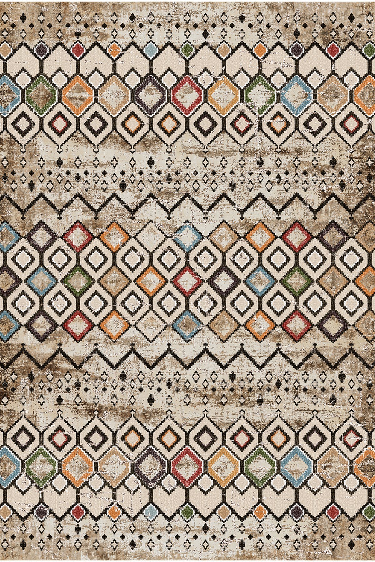 Bej Zeminli Renkli Baklava Desenli Etnik Modern Vintage Görünümlü Dekoratif Salon Halısı 2131