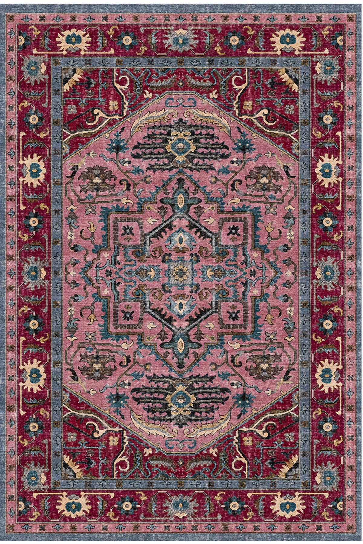 Bohem Otantik Desenli Bordo Pembe Dekoratif Halı – Kaymaz Taban 2218