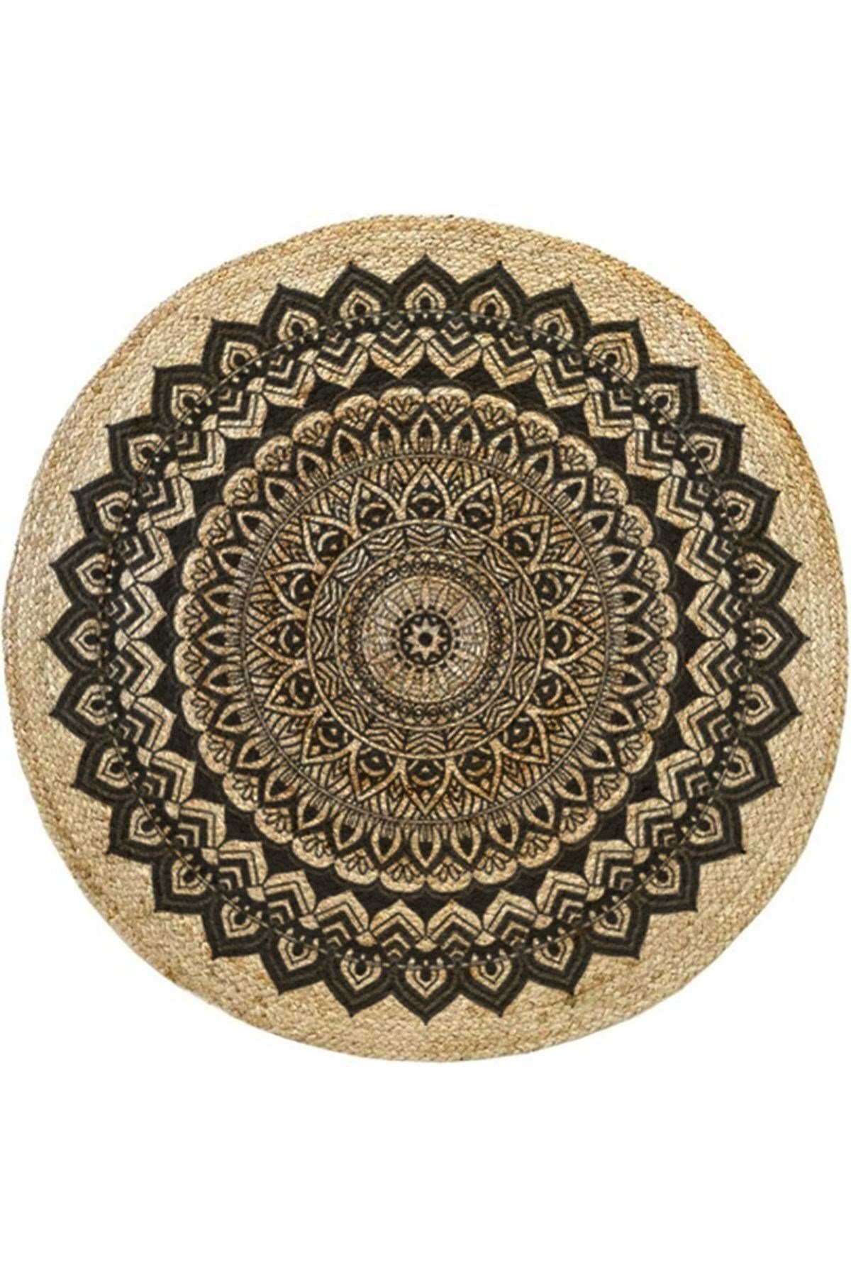 Boho 900 Mandala Desenli Etnik Örgü Yuvarlak Natural Çift Taraflı Halı