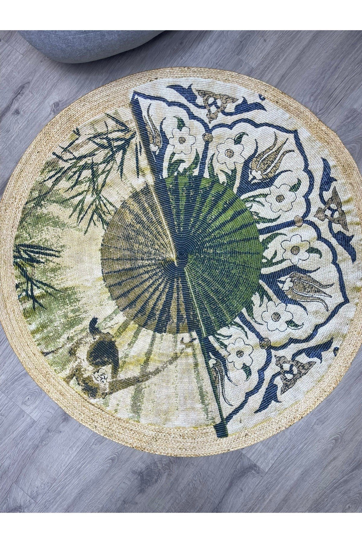 Boho 901 Doğa Ve Botanik Desenli Etnik Örgü Yuvarlak Natural Renk Çift Taraflı Halı
