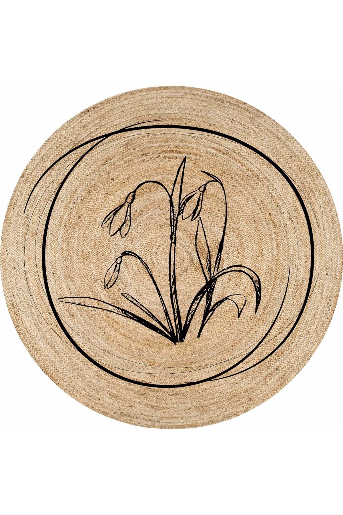 Boho 902 Jüt Doğa Iplik Ile Üretilmiş Çiçek Desenli Yuvarlak Natural Renk Çift Taraflı Halı