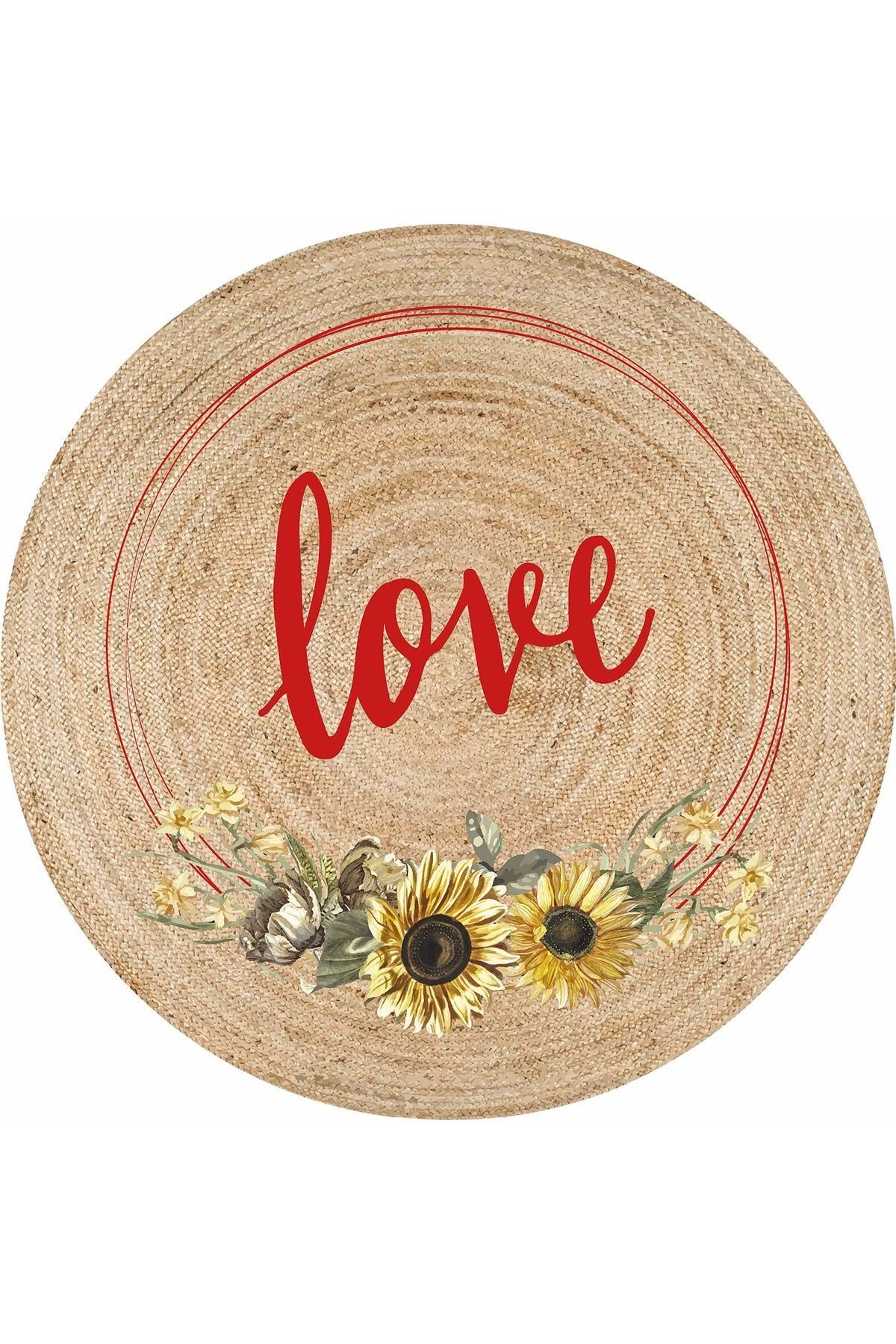 Boho 911 Jüt Doğa Iplik Ile Üretilmiş Love Desenli Yuvarlak Natural Renk Çift Taraflı Halı