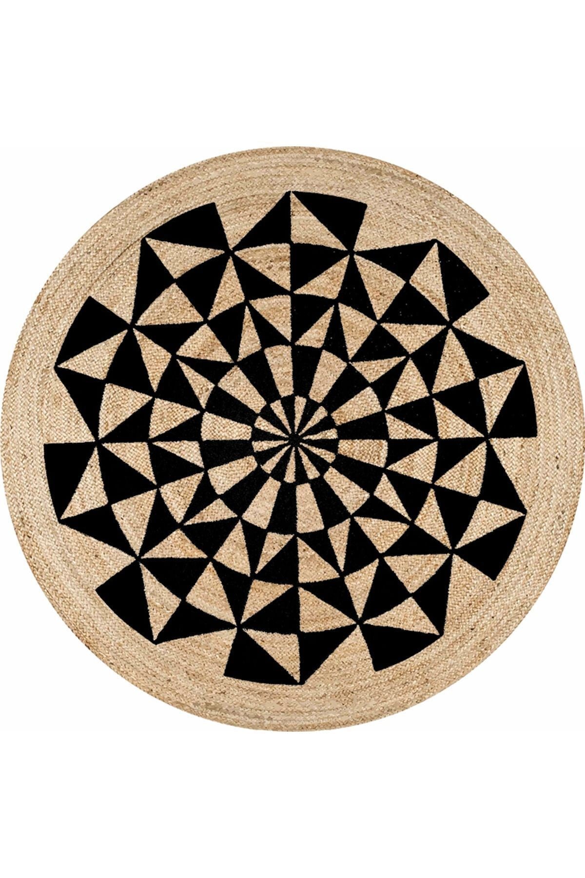 Boho 915 Geometrik Desen Baskılı Örgü Yuvarlak Natural Çift Taraflı Halı